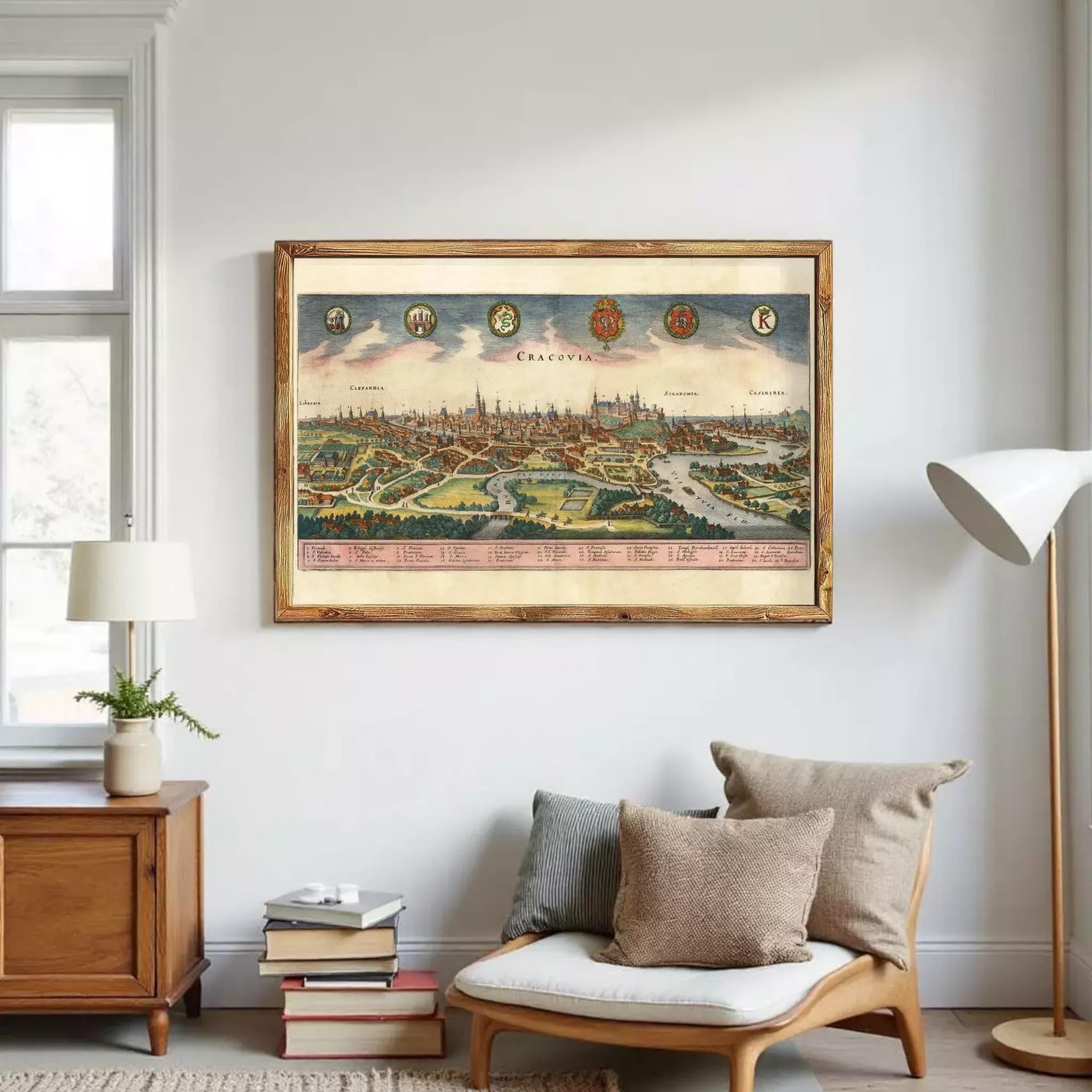 The image is a framed vintage map of Prague, Czech Republic, depicting the city's skyline and surrounding landscape.
