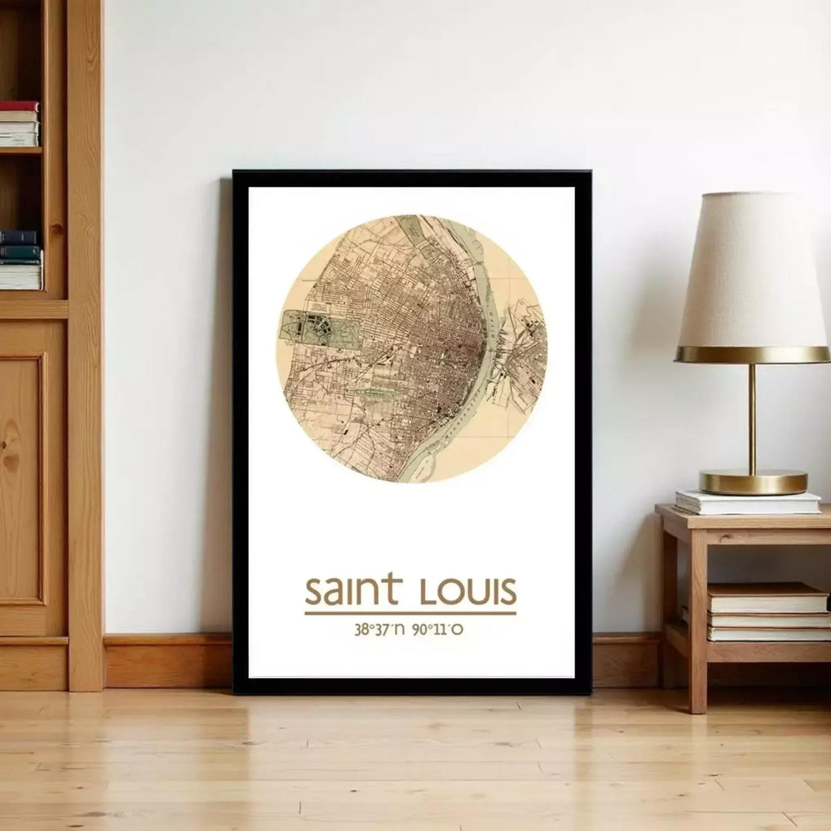 A framed map of Saint Louis, Missouri, with the text "Saint Louis 38° 37' 57.1°" below the map.