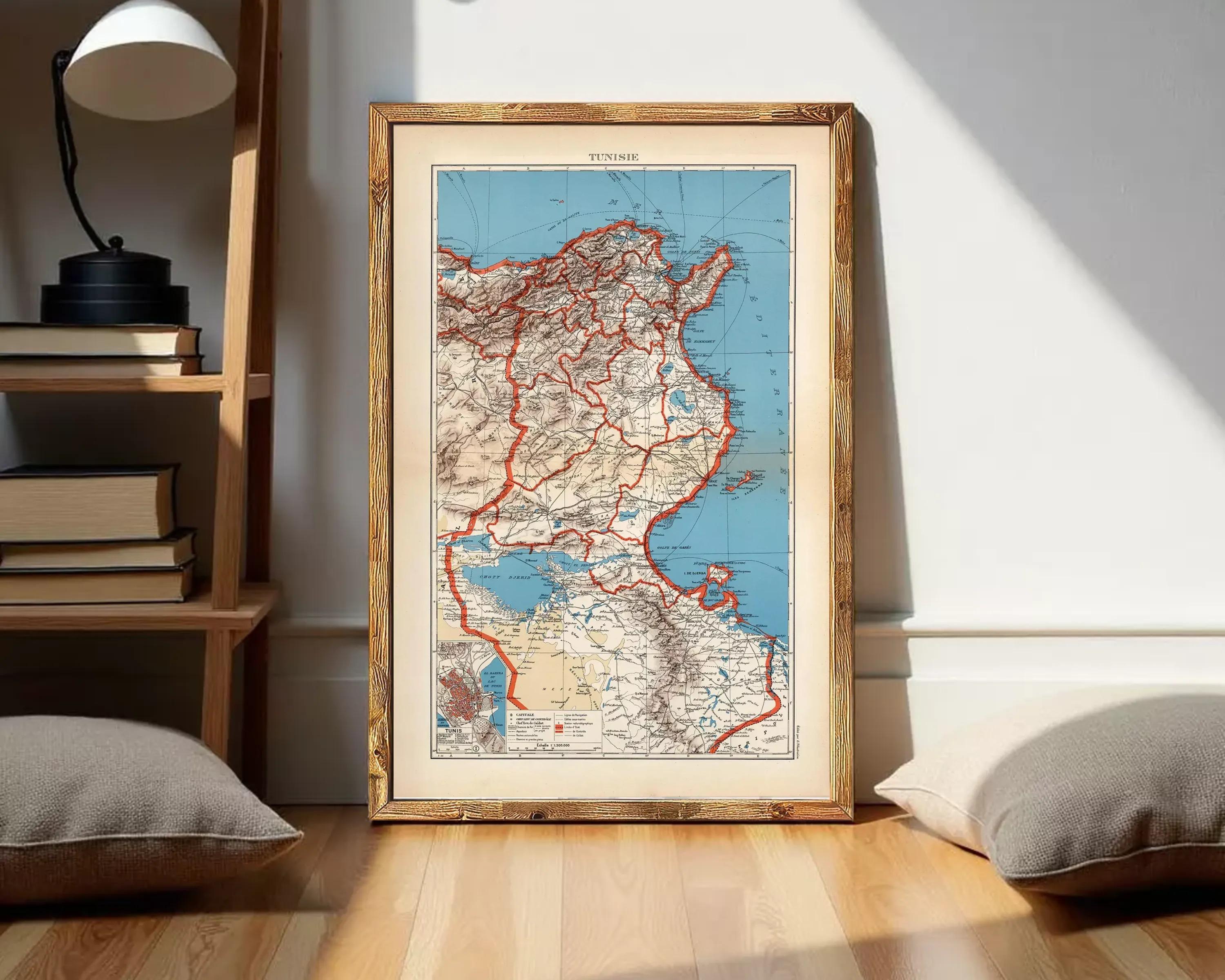 The image is a framed vintage map of the TUNISIAN country, depicting the country's geographical layout and surrounding areas.