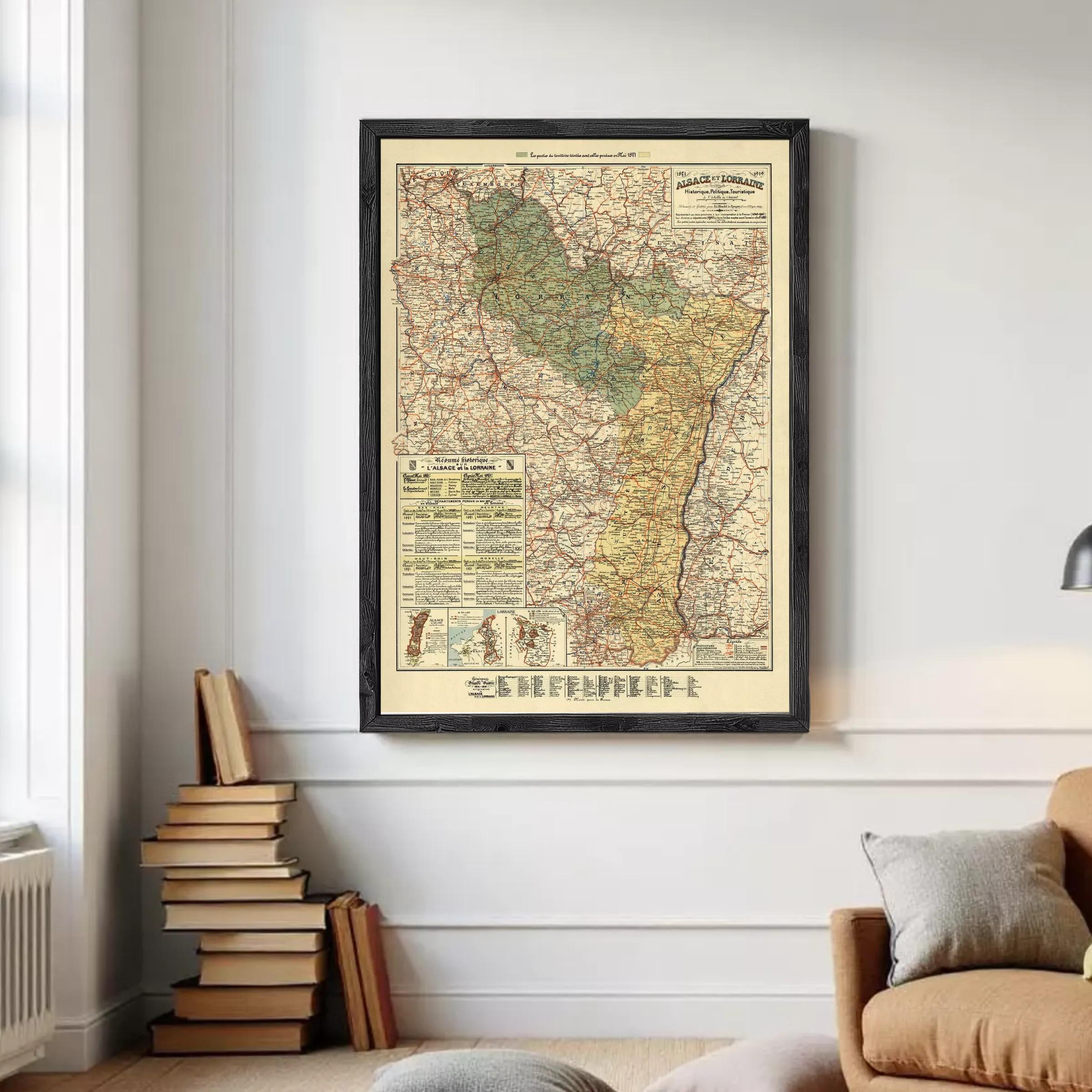 The image is a framed vintage map of a region, likely a country or region, with detailed road networks and various geographical features.