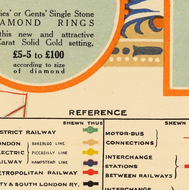 The image is a vintage advertisement for diamond rings, featuring a color-coded legend that provides information about the size and type of diamonds.