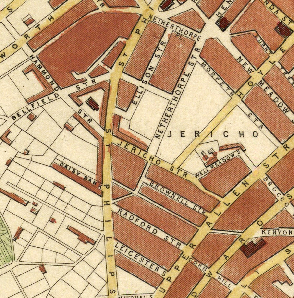 The image is a detailed map of a city, showing streets, buildings, and other urban features.