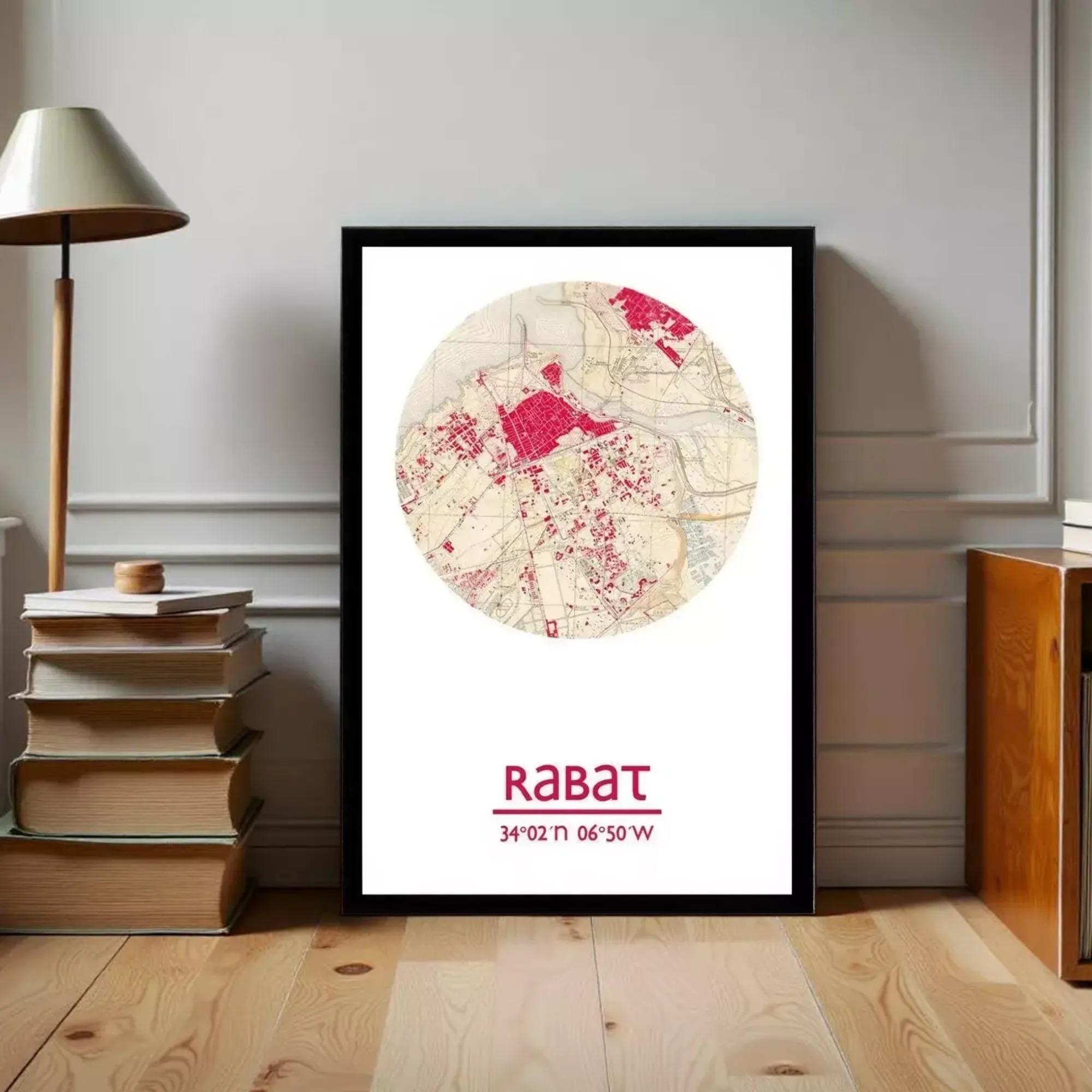 A framed map of Rabat, Israel, with the city's location and date of June 6, 2000, is displayed on a wall in a room with a lamp and bookshelf.