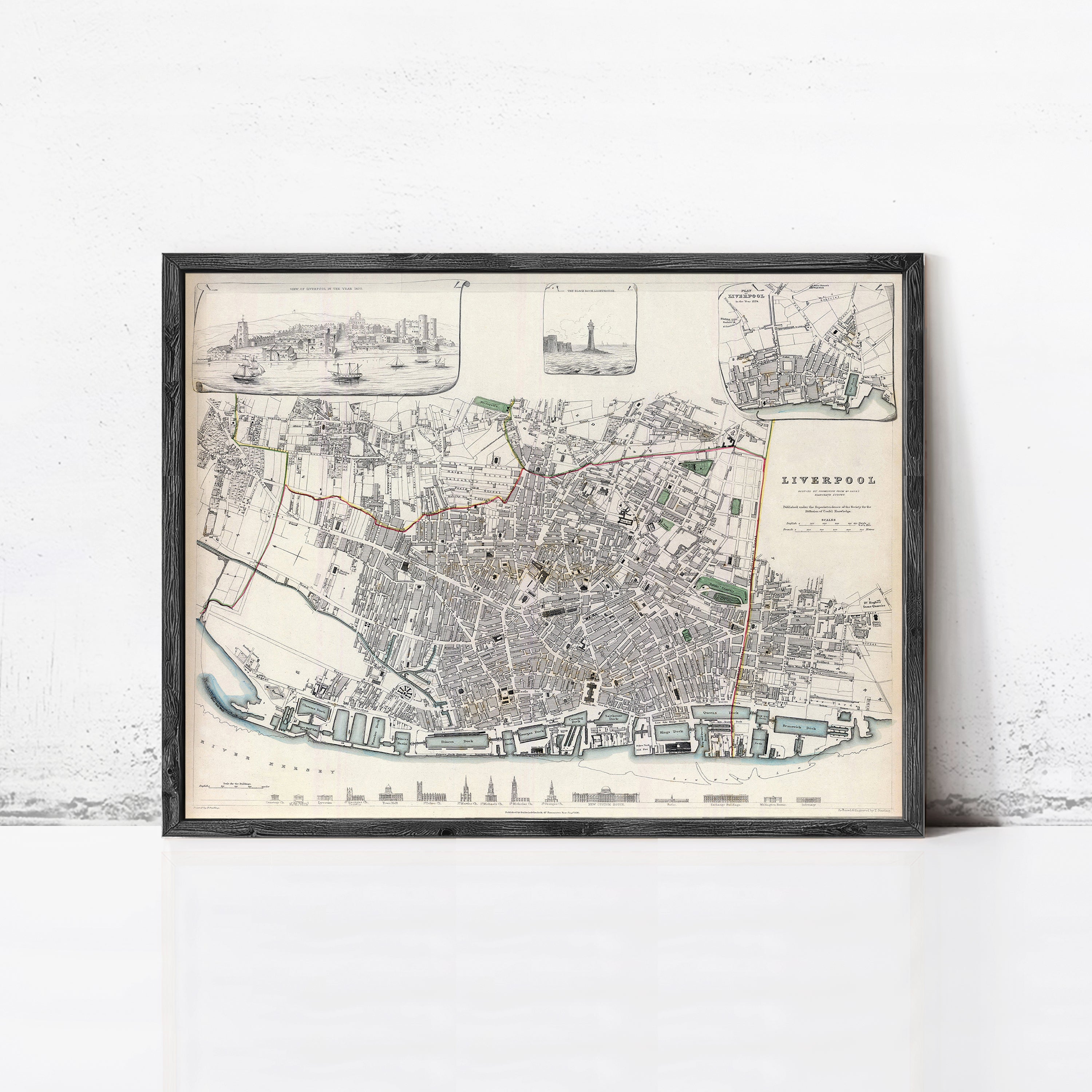 The image is a framed vintage map of Liverpool, England, depicting the city's layout and surrounding areas.