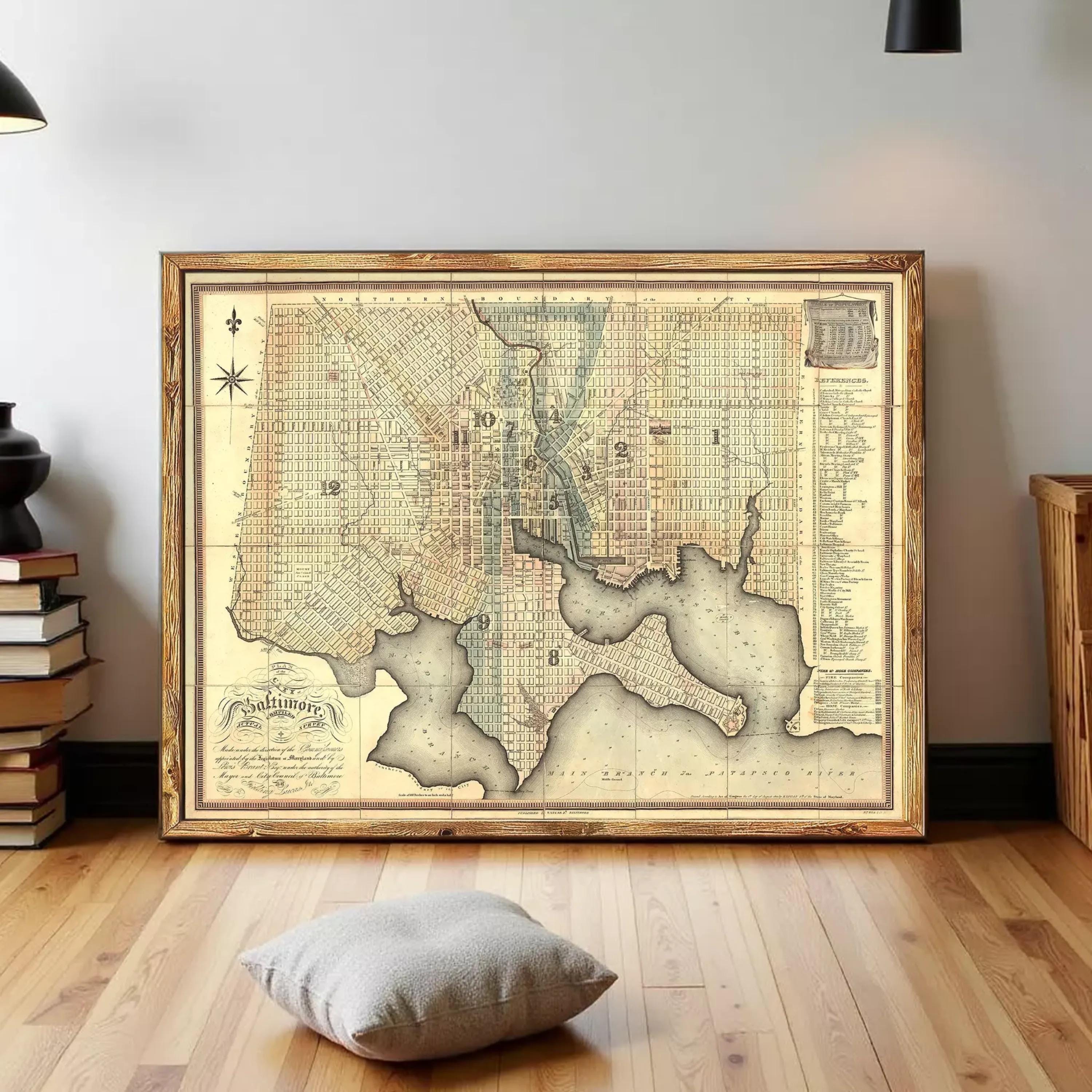 The image is a framed antique map of a city, likely Washington, D.C., with detailed cartography and geographical information.