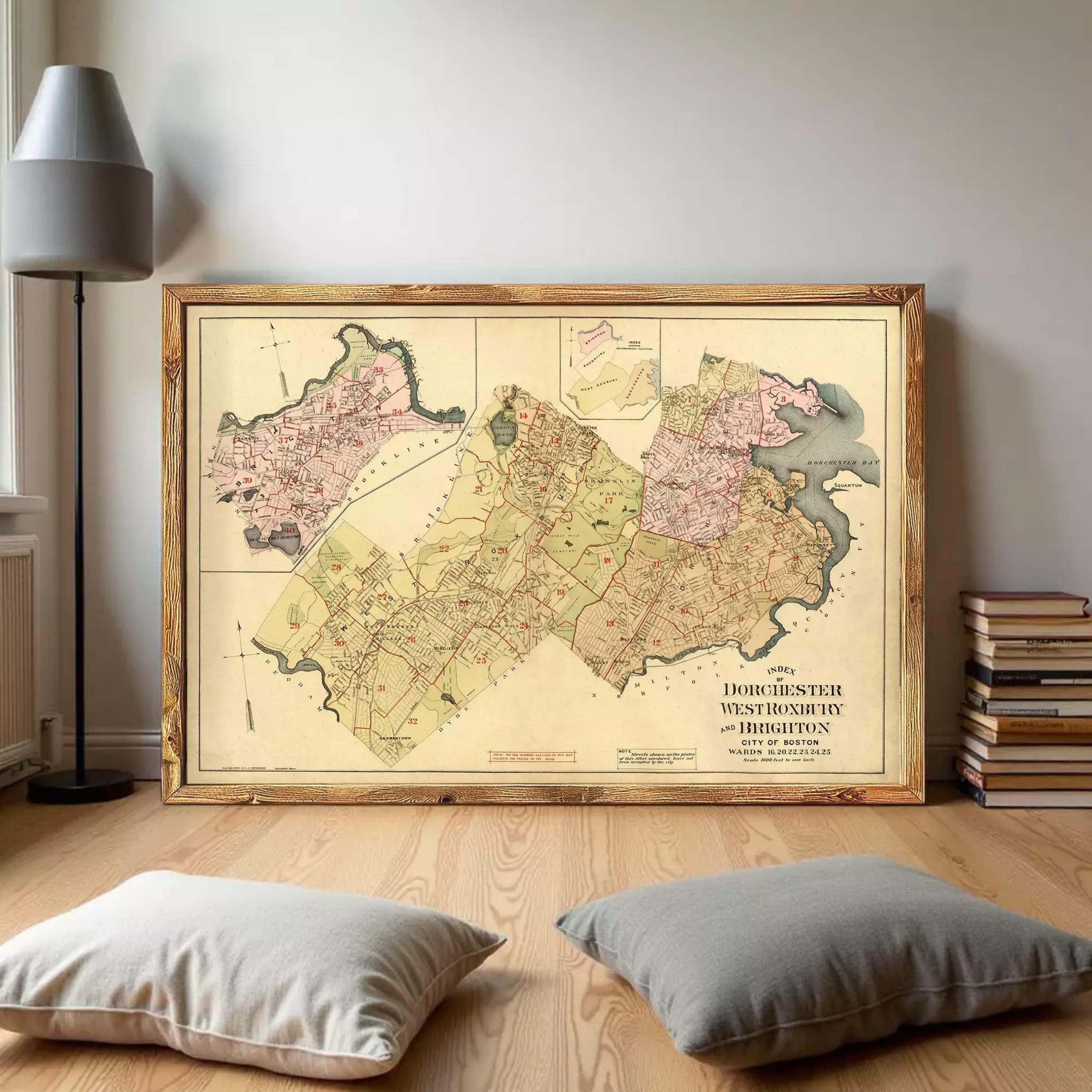The image is a framed vintage map of the Dorchester neighborhood in Boston, Massachusetts.