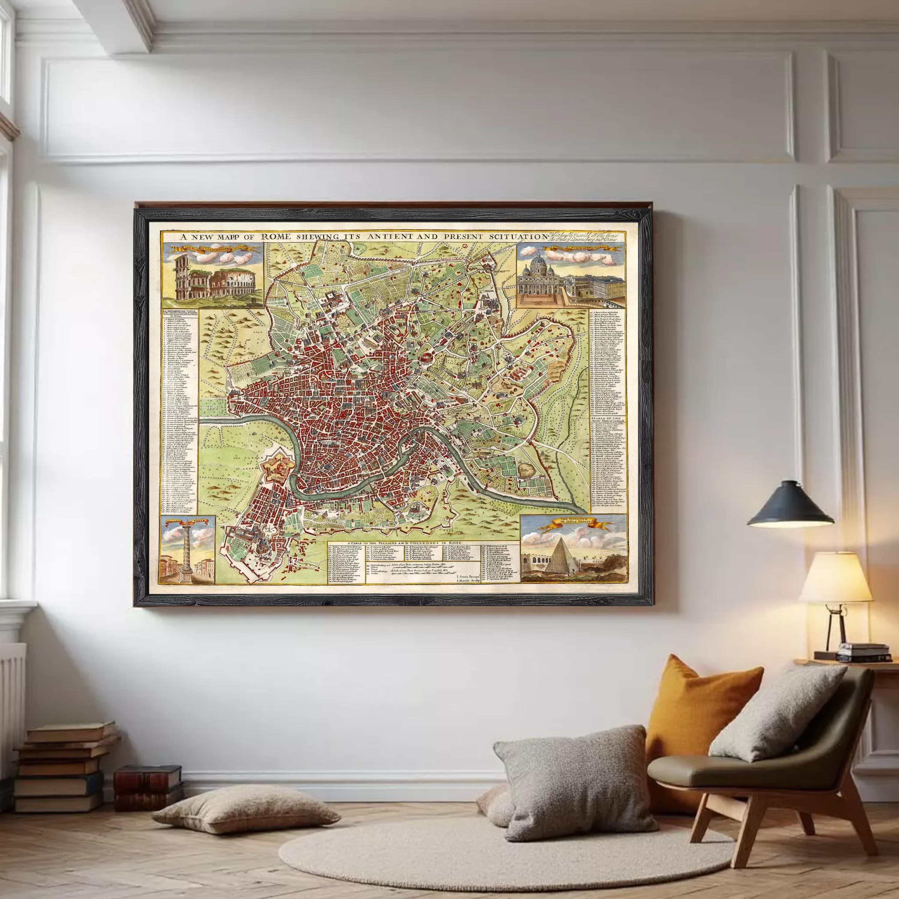A framed map of Rome, Italy, depicting the city's ancient and modern areas.