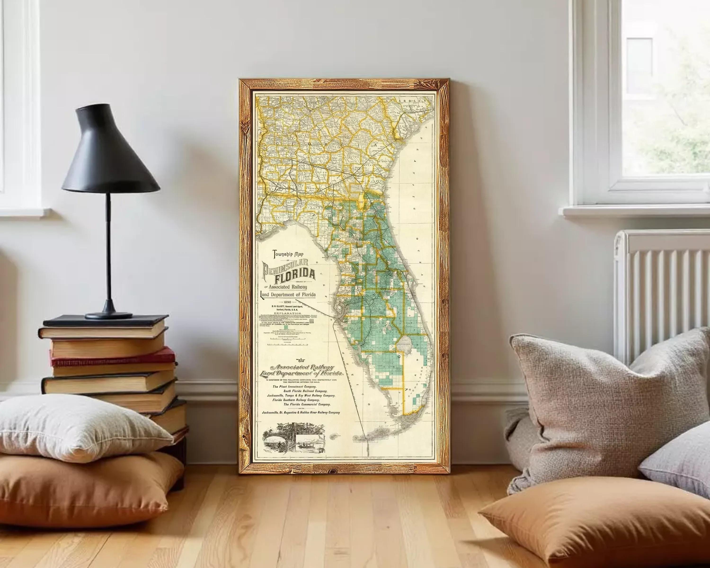 The image is a framed map of Florida, showing the state's geographical layout and boundaries.