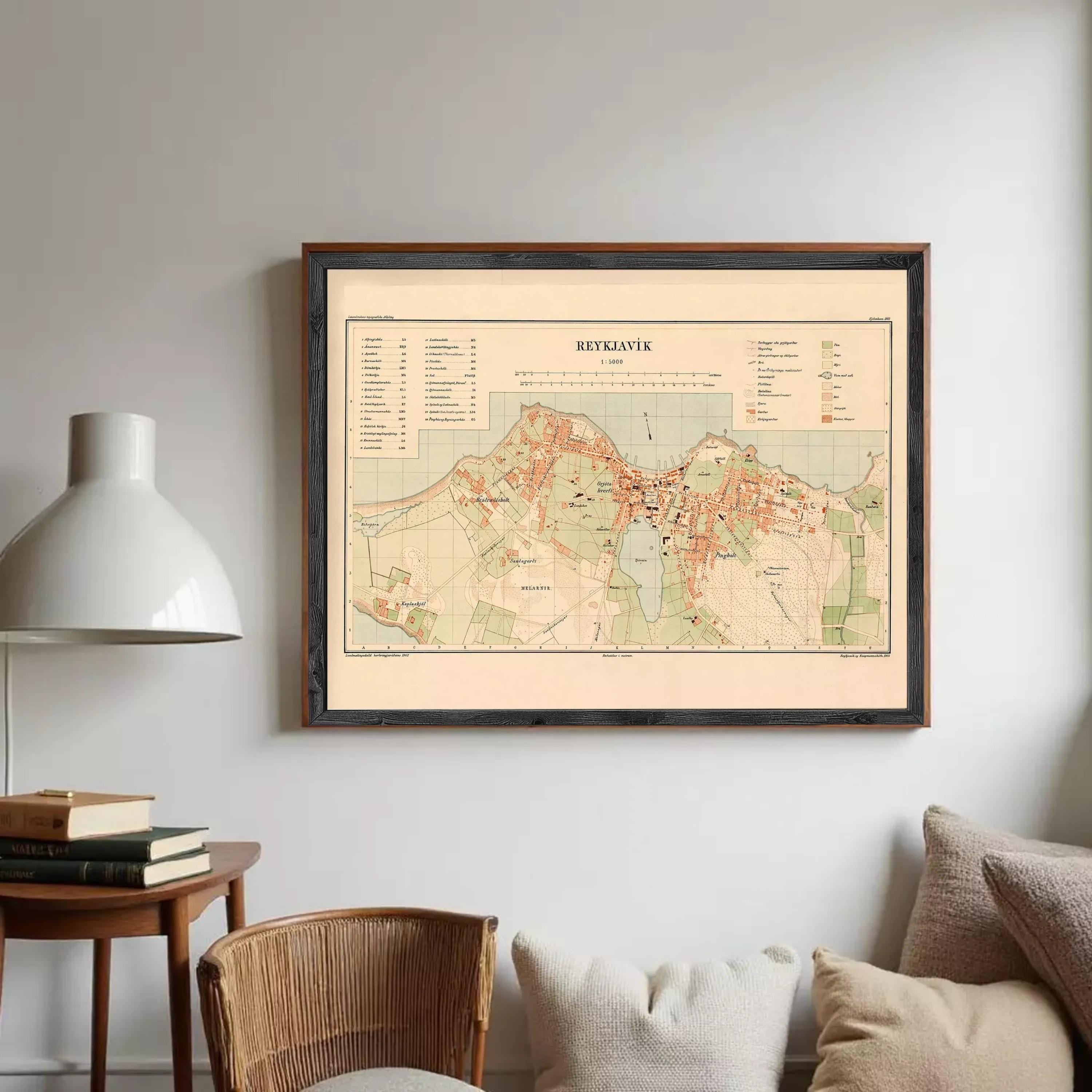 The image is a framed map of Reykjavik, Iceland, showing the city's layout and surrounding areas.