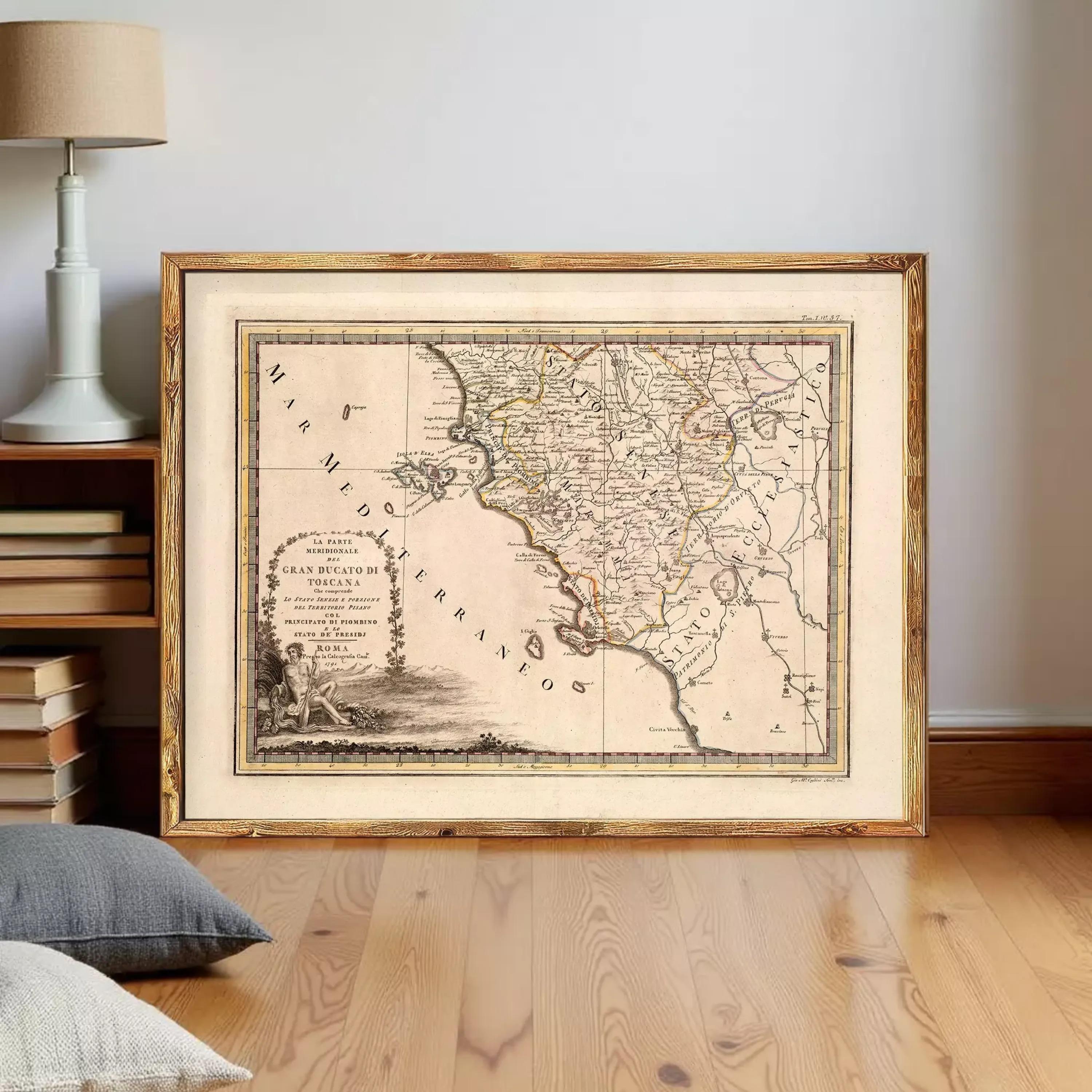 The image is a framed antique map of Europe, depicting the Mediterranean region.