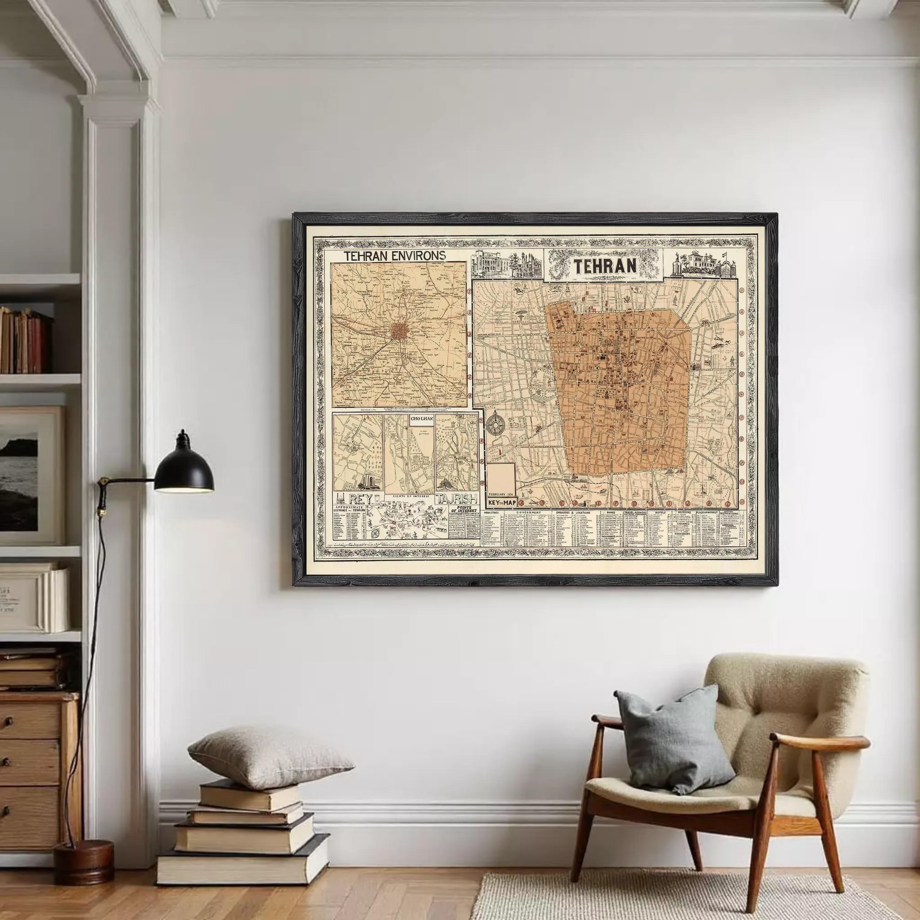 The image is a framed vintage map of the city of Tehran, Iran.