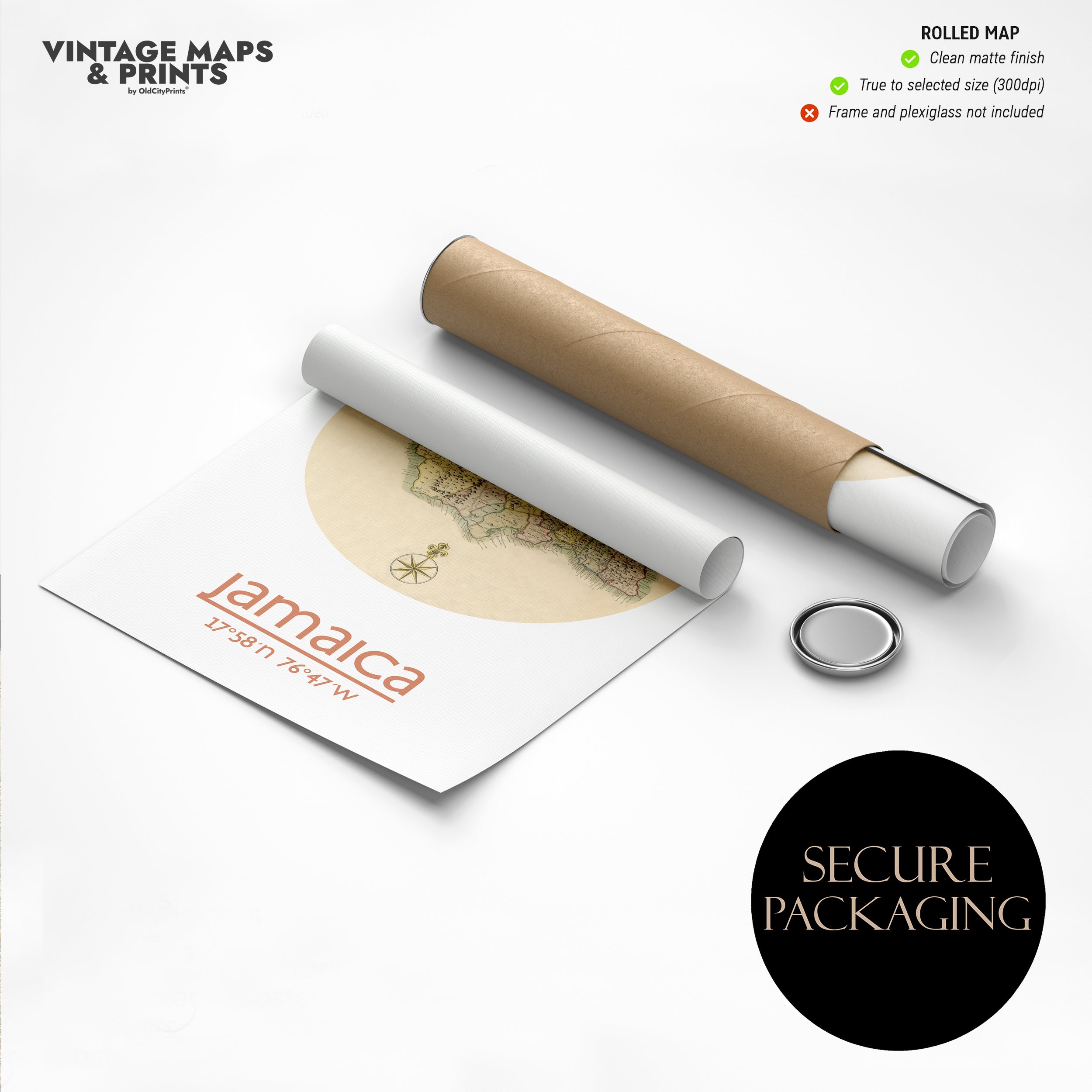 a rolled map of Jamaica, along with a tube and a circular object labeled "SECURE PACKAGING".