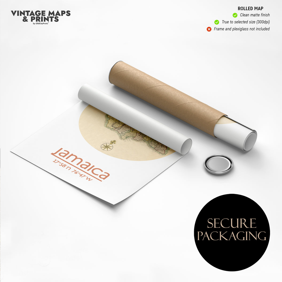 a rolled map of Jamaica, along with a tube and a circular object labeled "SECURE PACKAGING".
