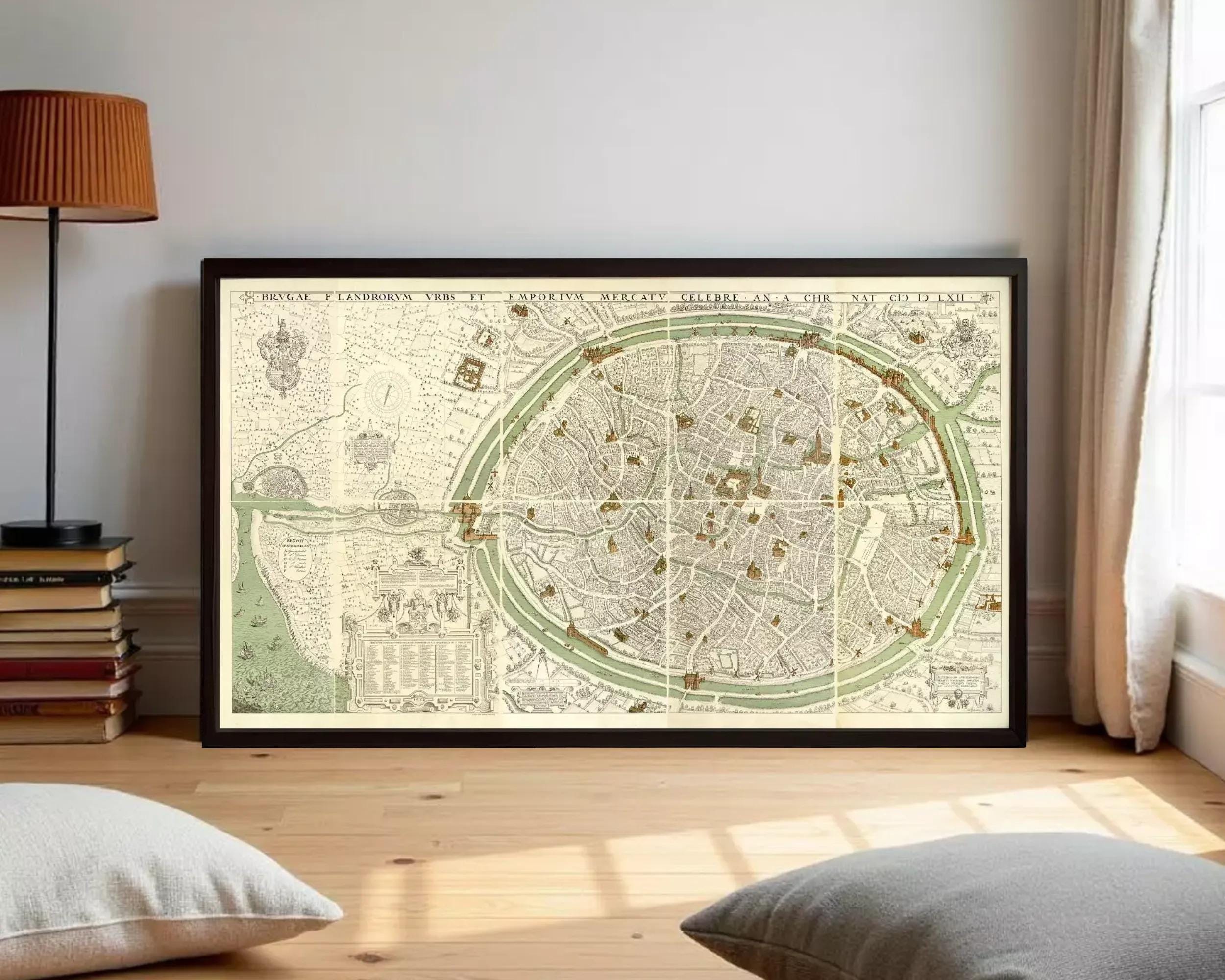 The image is a framed vintage map of a city, depicting a detailed layout of streets, buildings, and other urban features.