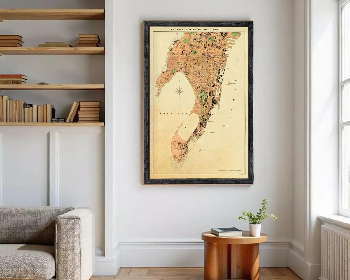 The image is a framed vintage map of the city of Manhattan, New York, depicting the city's layout and surrounding areas.