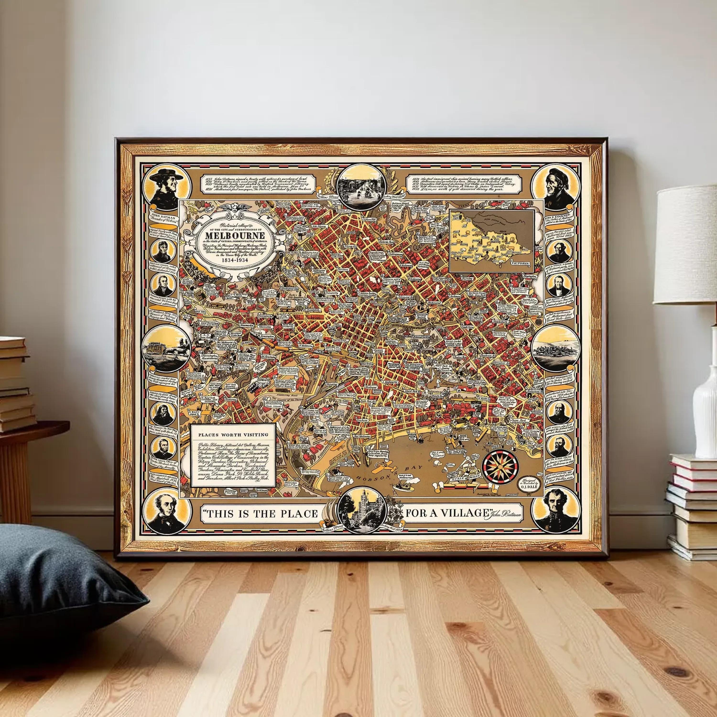 The image is a framed vintage map of Melbourne, Australia, depicting various landmarks and locations within the city.