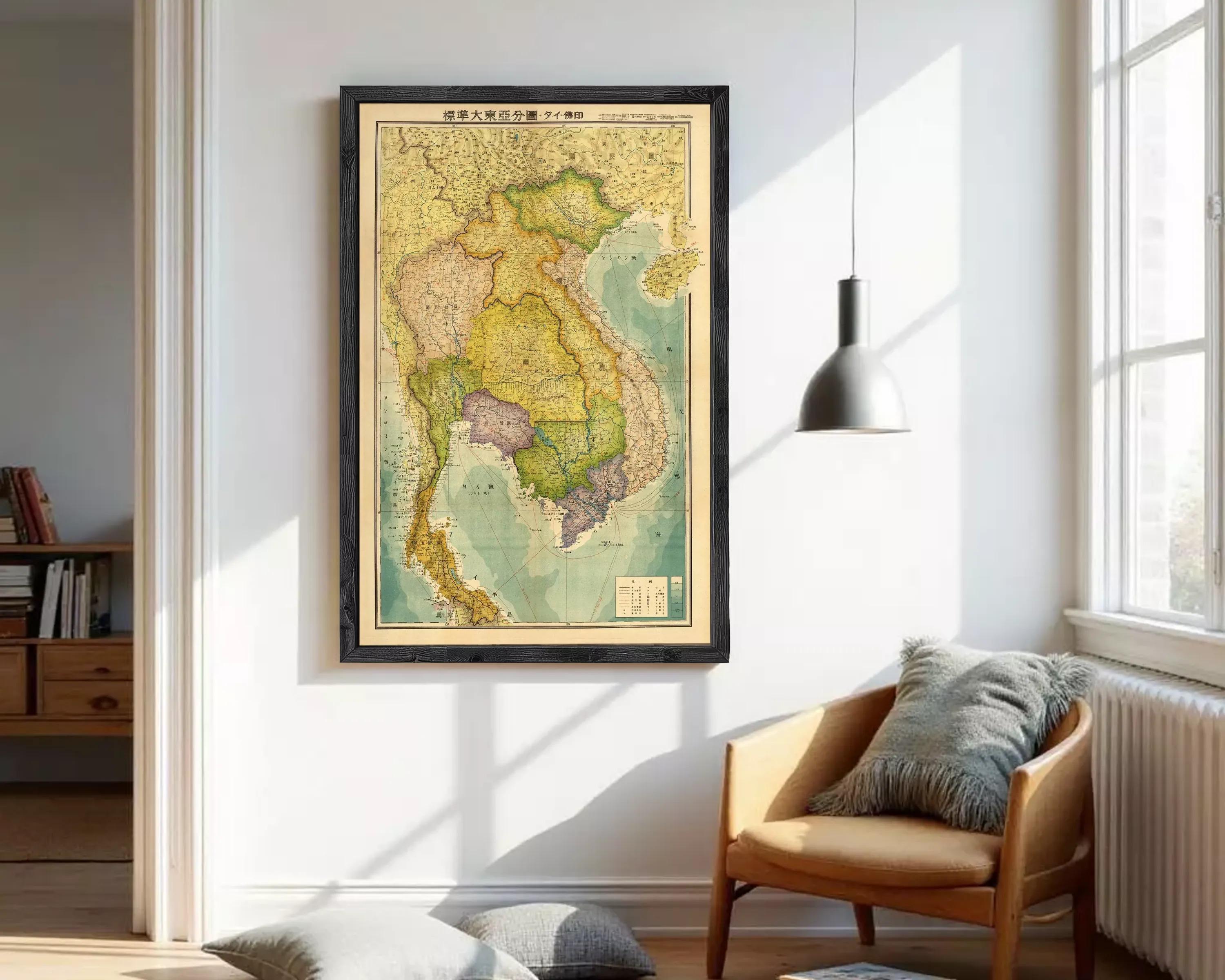 The image is a framed vintage map of Southeast Asia, including countries such as Thailand, Vietnam, and Laos.