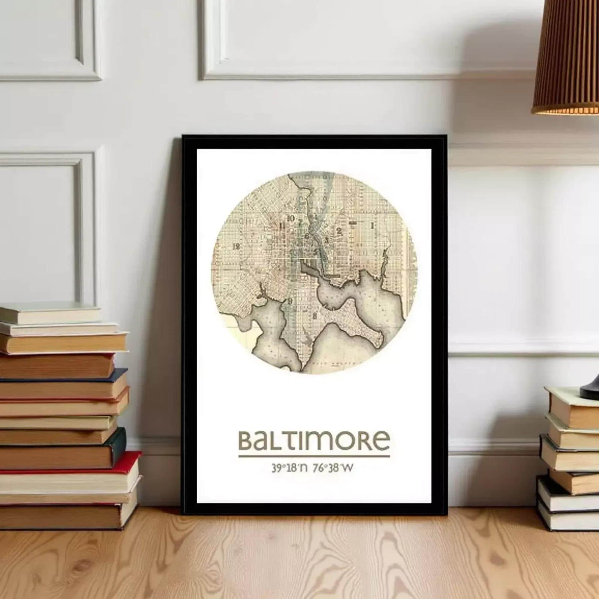 A framed map of Baltimore, with the city's location and surrounding area, is displayed on a wall next to a stack of books.