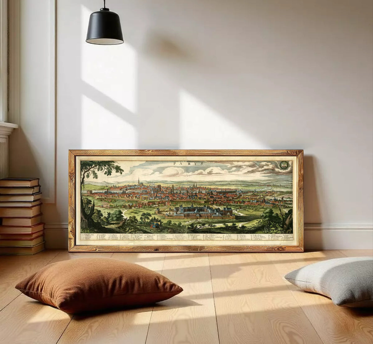 A framed map of a city, depicting a detailed view of the landscape and surrounding areas.