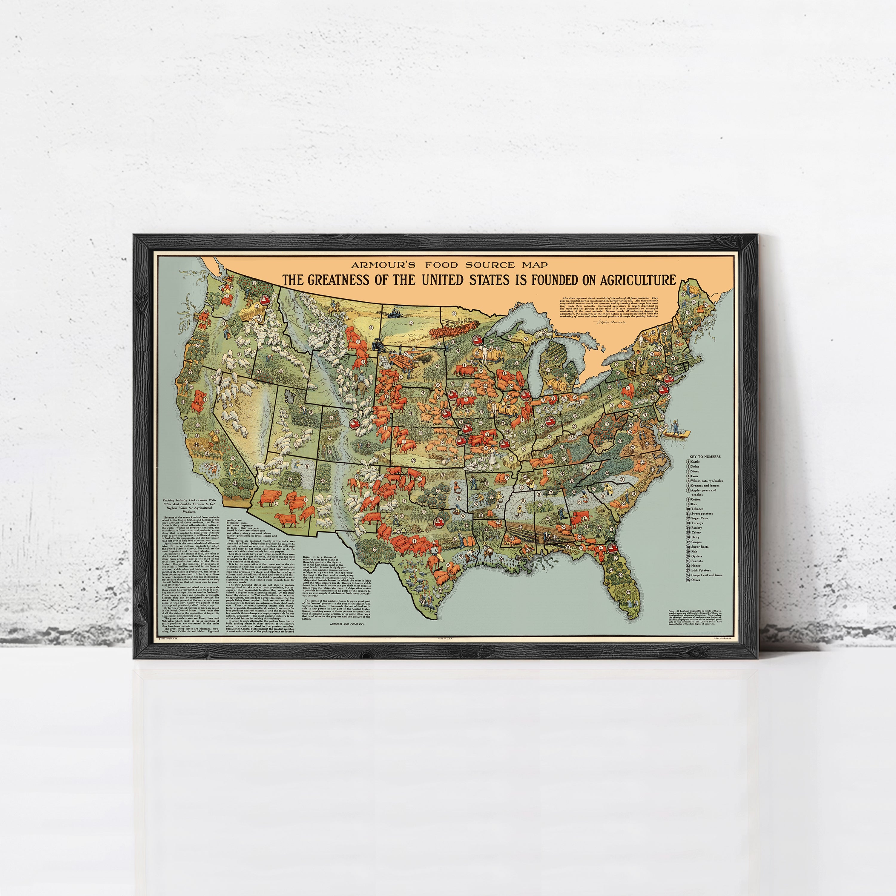 The image is a framed poster depicting a map of the United States, highlighting the country's agricultural production.