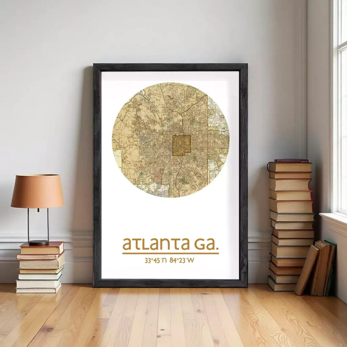 The image is a framed print of a map of Atlanta, Georgia, with the text " Atlanta GA" and the coordinates "33.45°N 84.23°W" below the map.