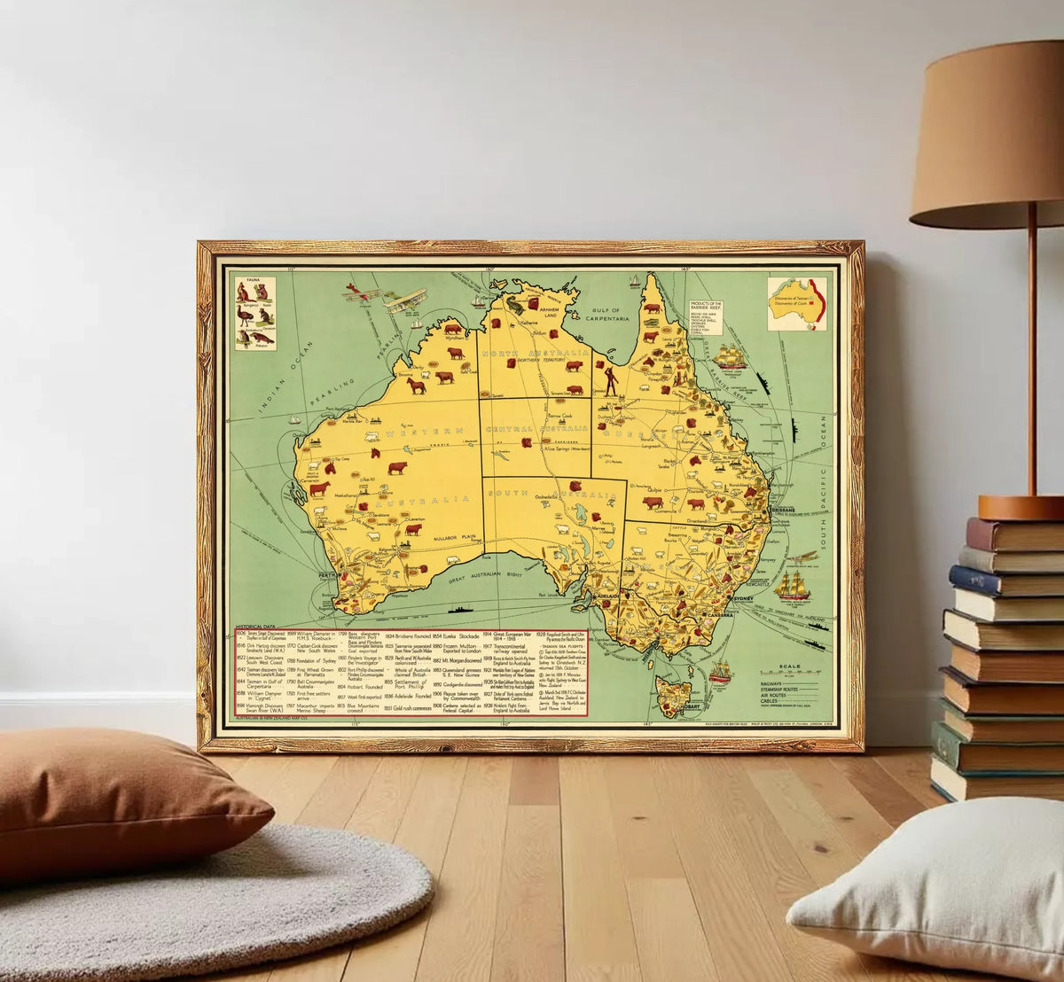 The image is a framed map of Australia, showing various landmarks and locations across the country.