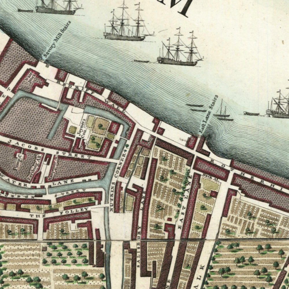 The image is a detailed map of a city, showing streets, buildings, and ships.