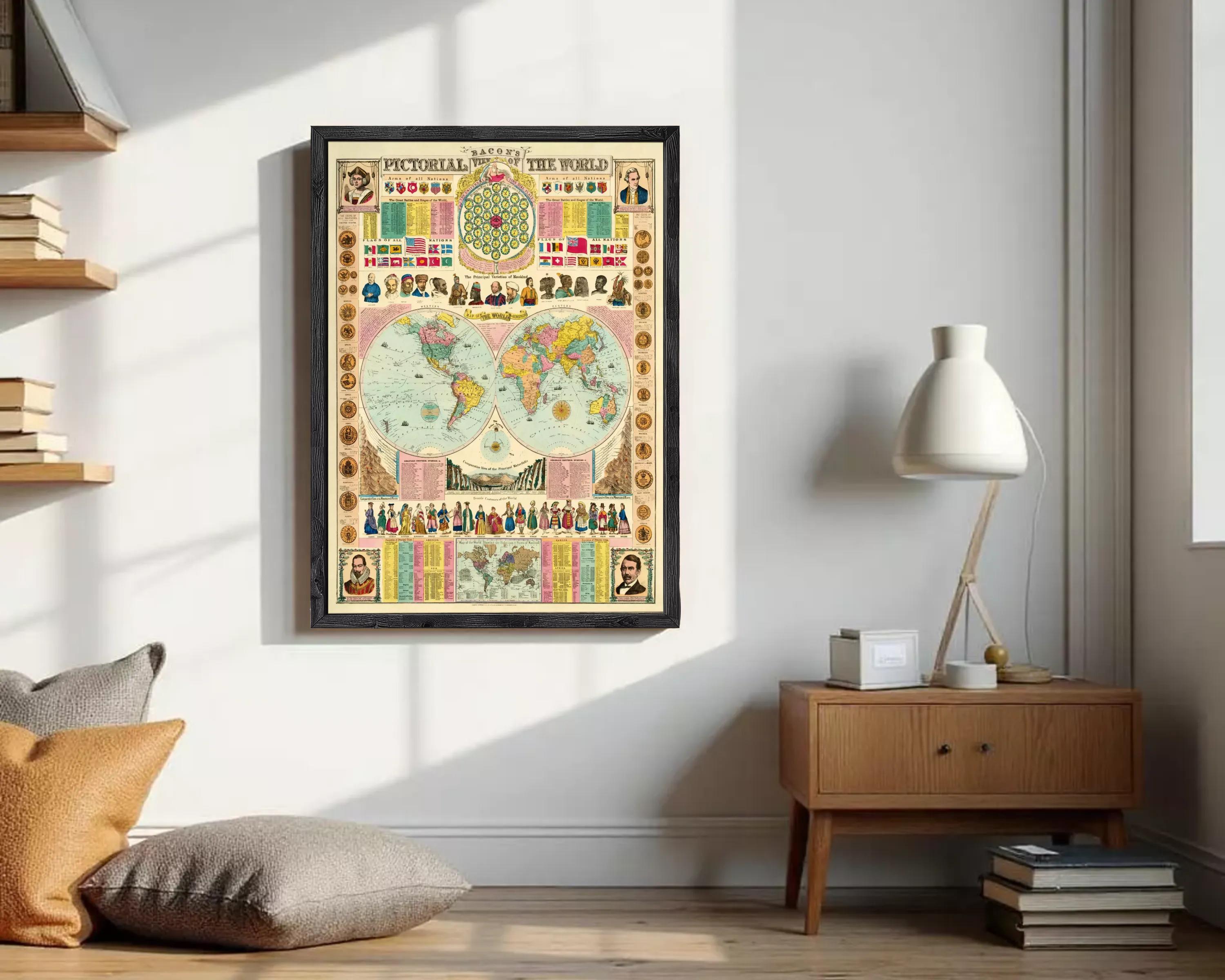 The image is a framed vintage map of the world, featuring various illustrations and text elements related to the Pictorial World.