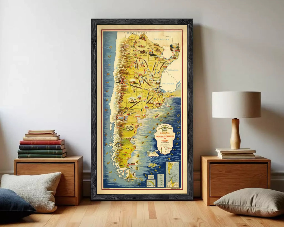 The image is a framed vintage map of South America, featuring various countries and regions with labels and illustrations.