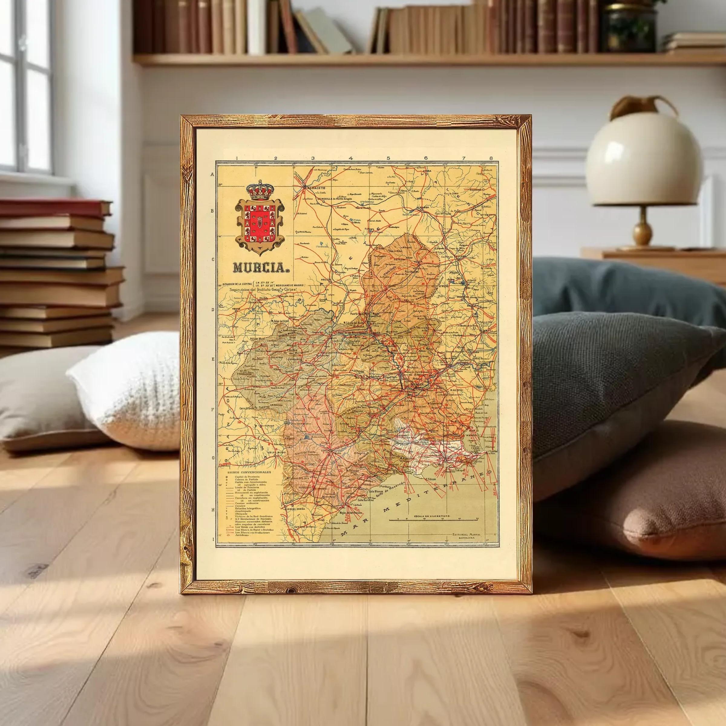 The image is a framed map of Murcia, Spain, with a wooden border.