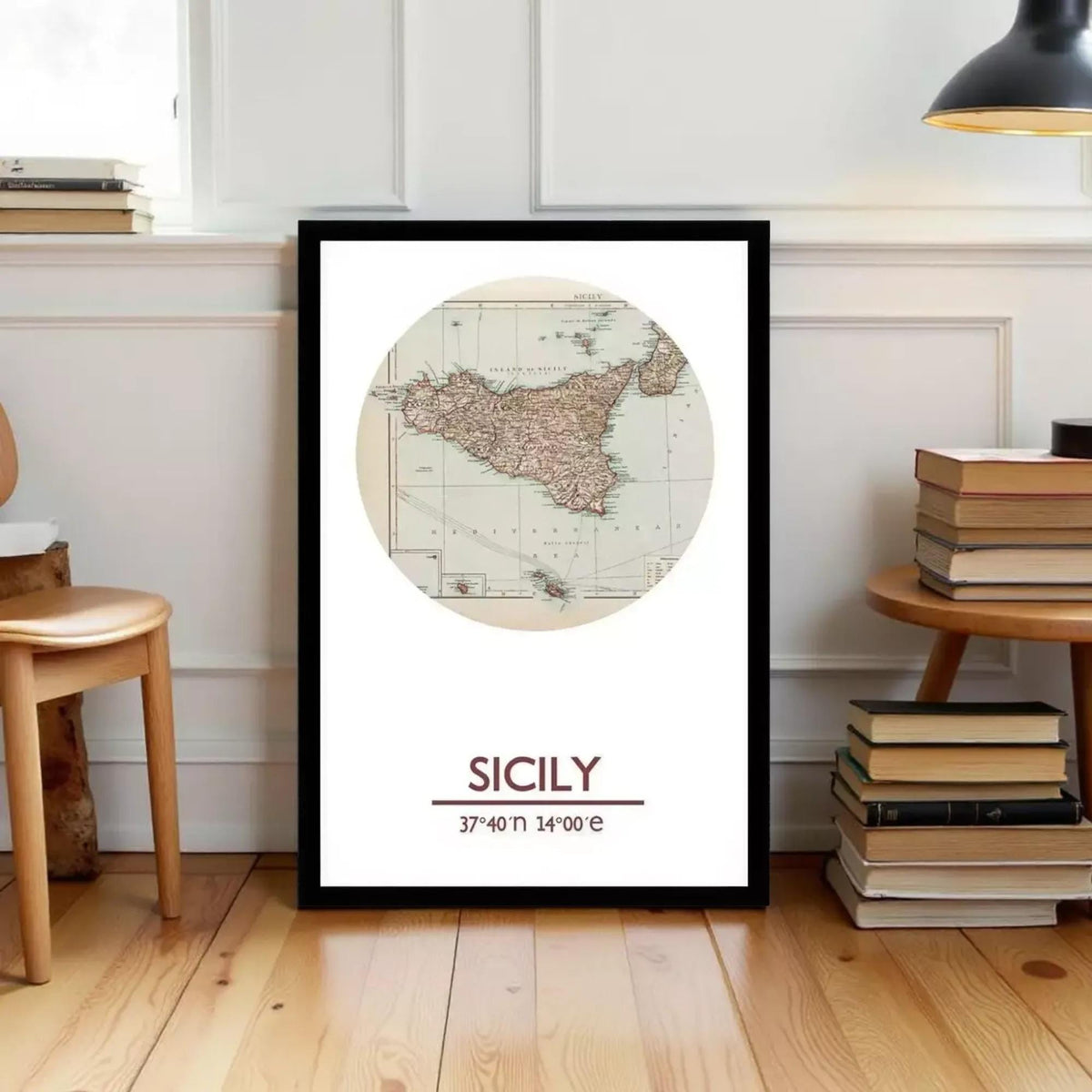 A framed map of Sicily, Italy, with the name "SICILY" printed below it.