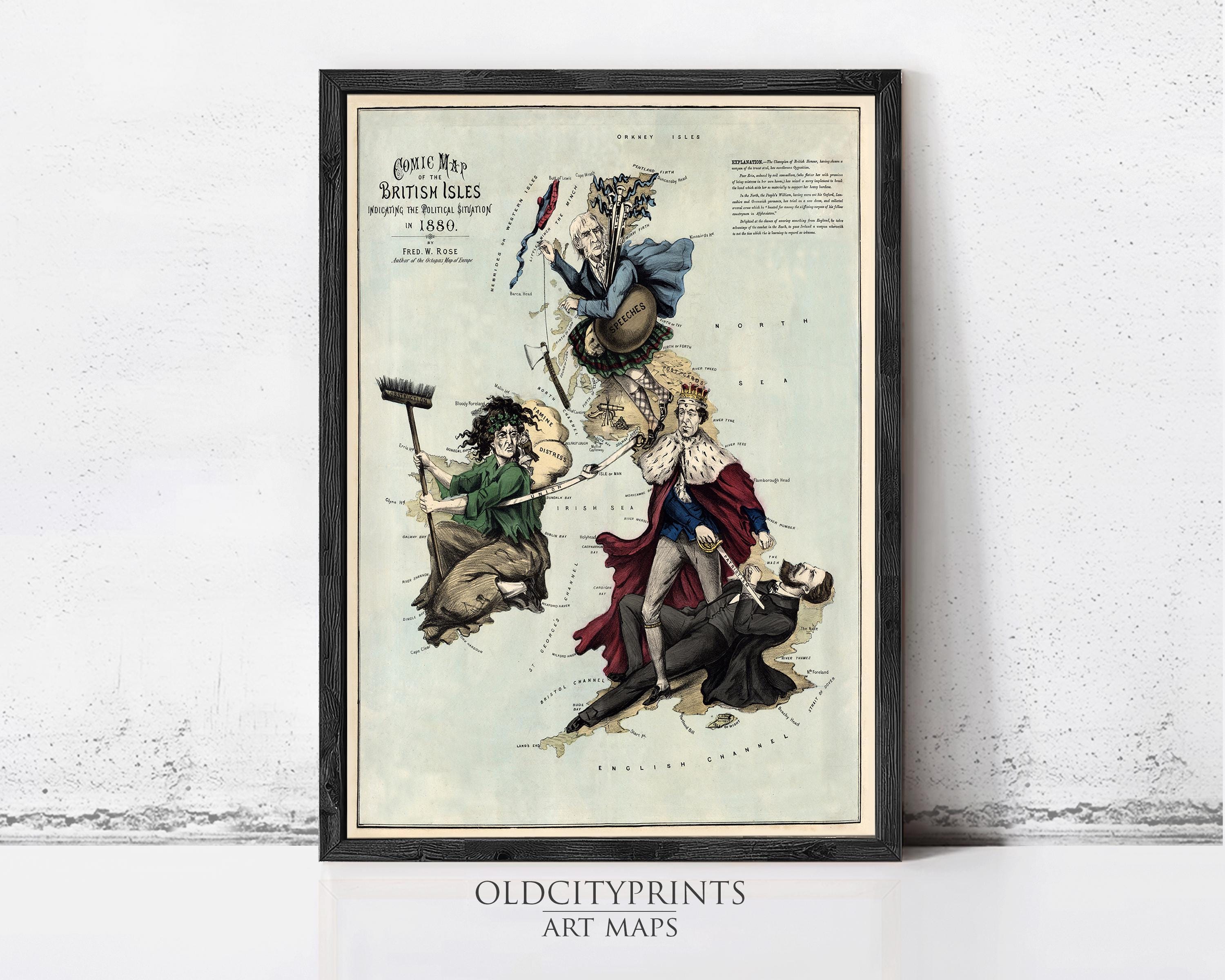 The image is a framed vintage map depicting a scene with various characters, including a man in a suit and tie, a woman in a dress, and a man in a suit and tie. The map appears to be a historical or artistic representation of a scene or event.