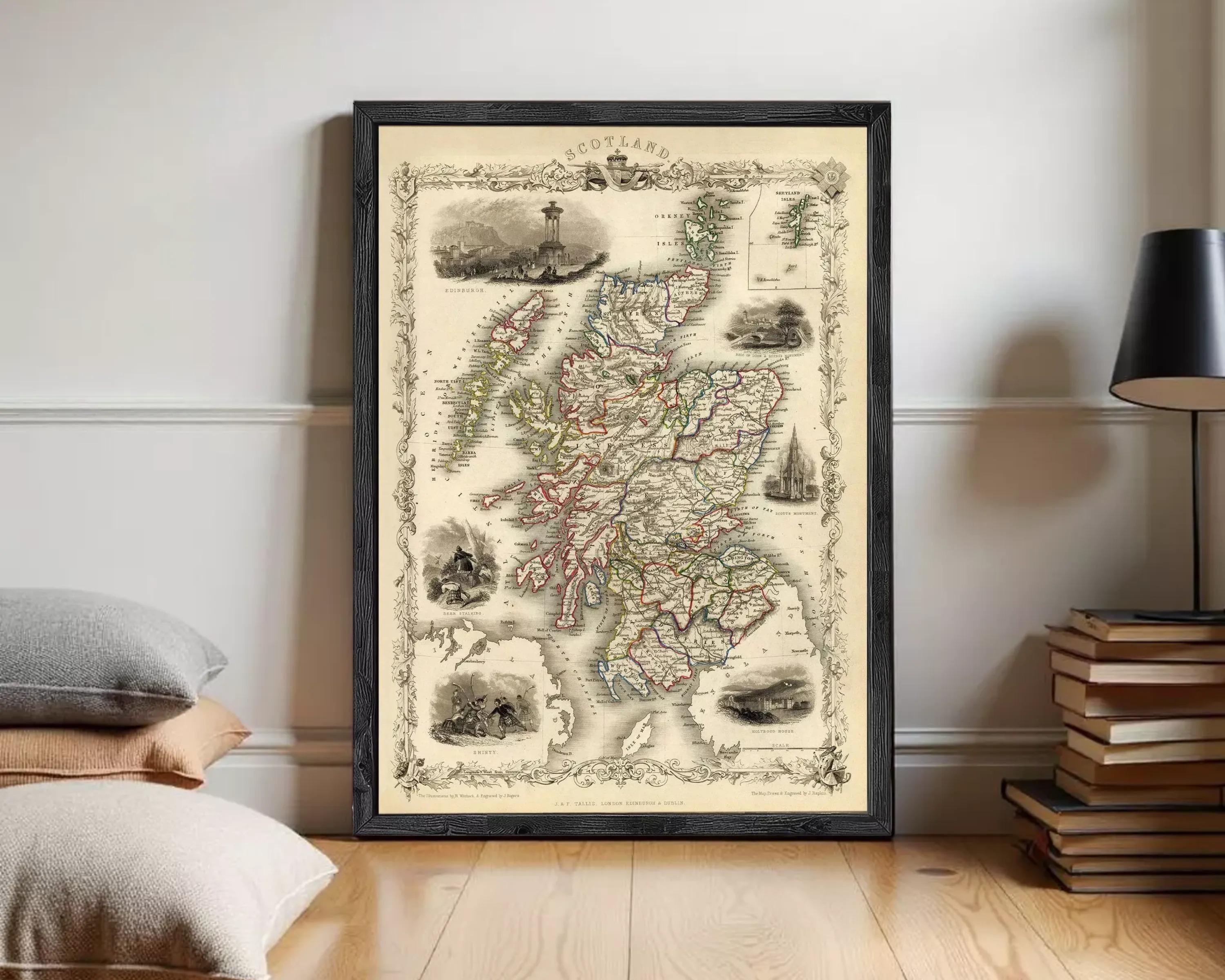 The image is a framed vintage map of Scotland, featuring detailed illustrations and labels.
