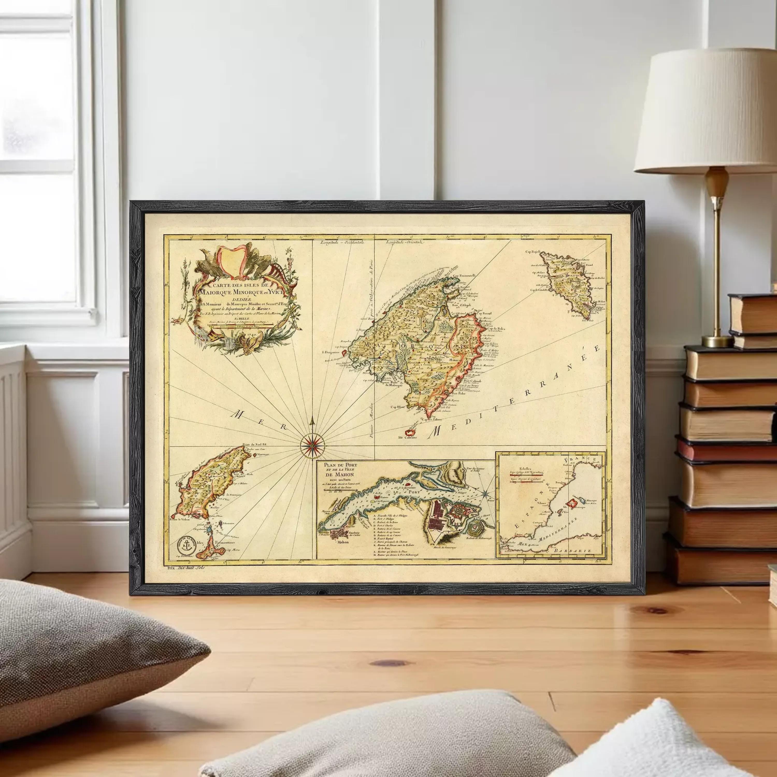 The image is a framed vintage map of the Mediterranean region, depicting various islands and coastal areas.