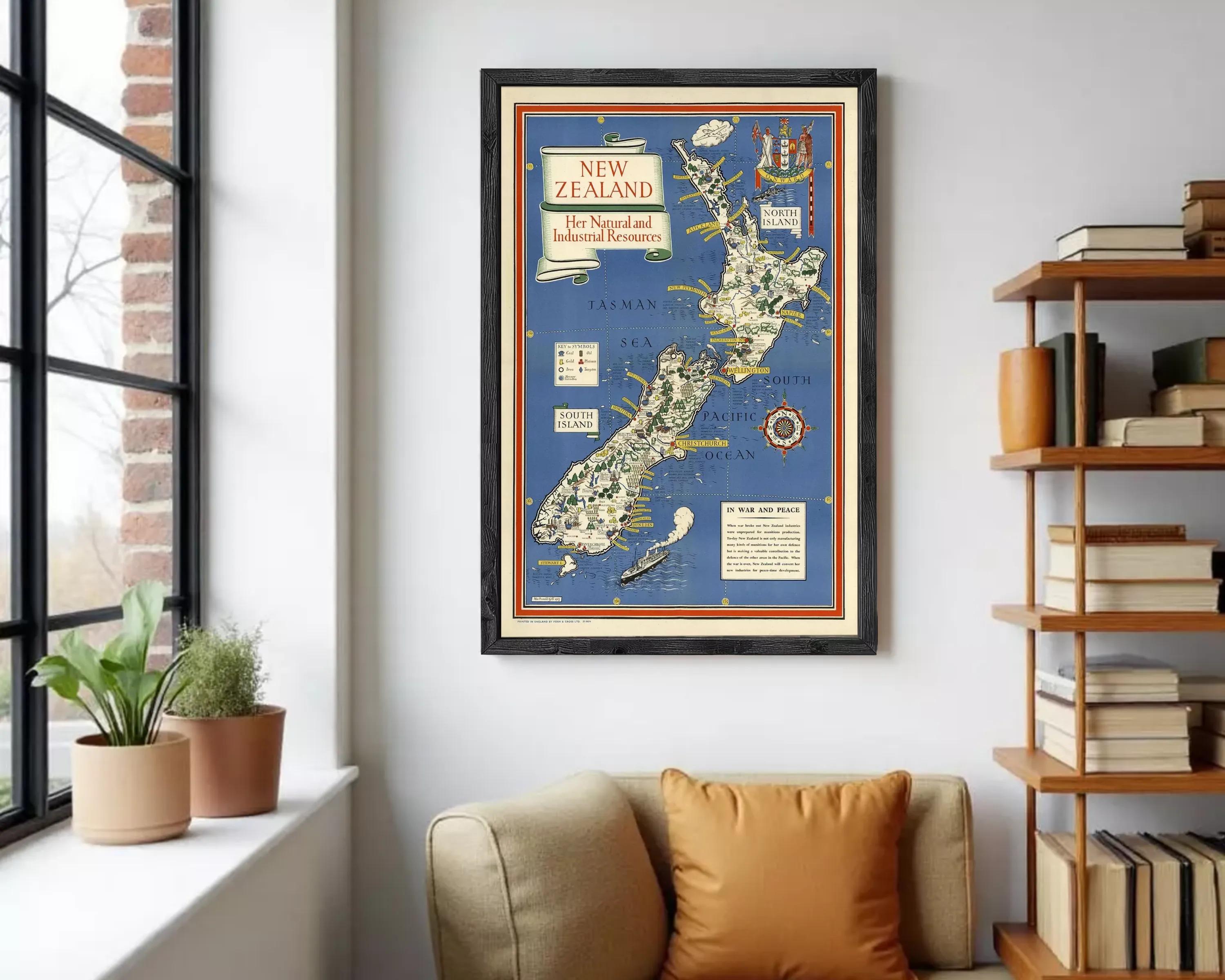 The image is a framed vintage map of New Zealand, depicting the country's geographical features and landmarks.
