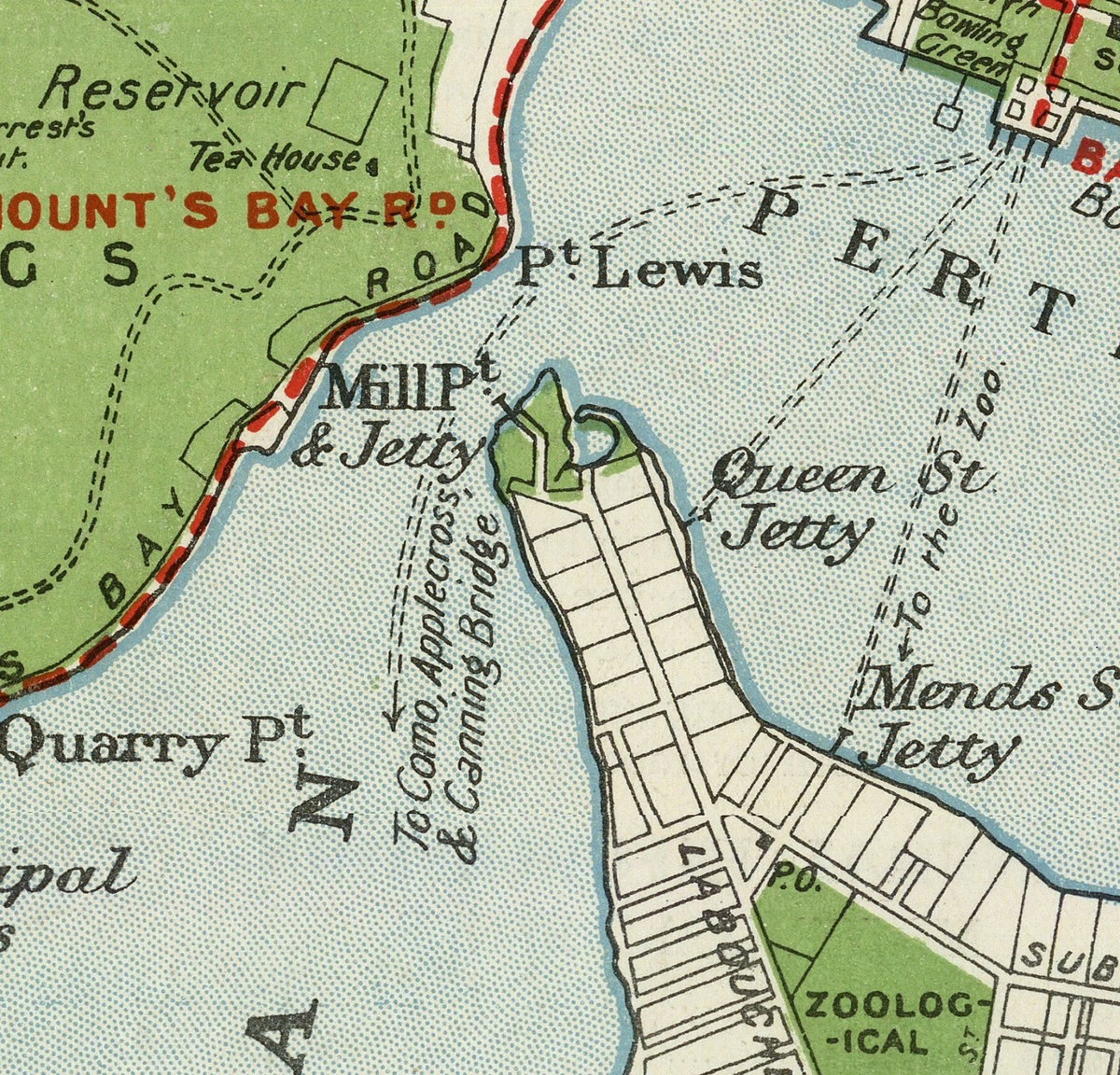 The image is a map showing a coastal area with a bay, a lighthouse, and a town. The map includes various labels such as "Reservoir", "To.Apples", "M.L.W.P. & Jetty", "Queen St", "Mends St", "Zoolog-Ical", and "Quarry Pt". The map also includes a legend and a scale, providing a detailed representation of the coastal region.