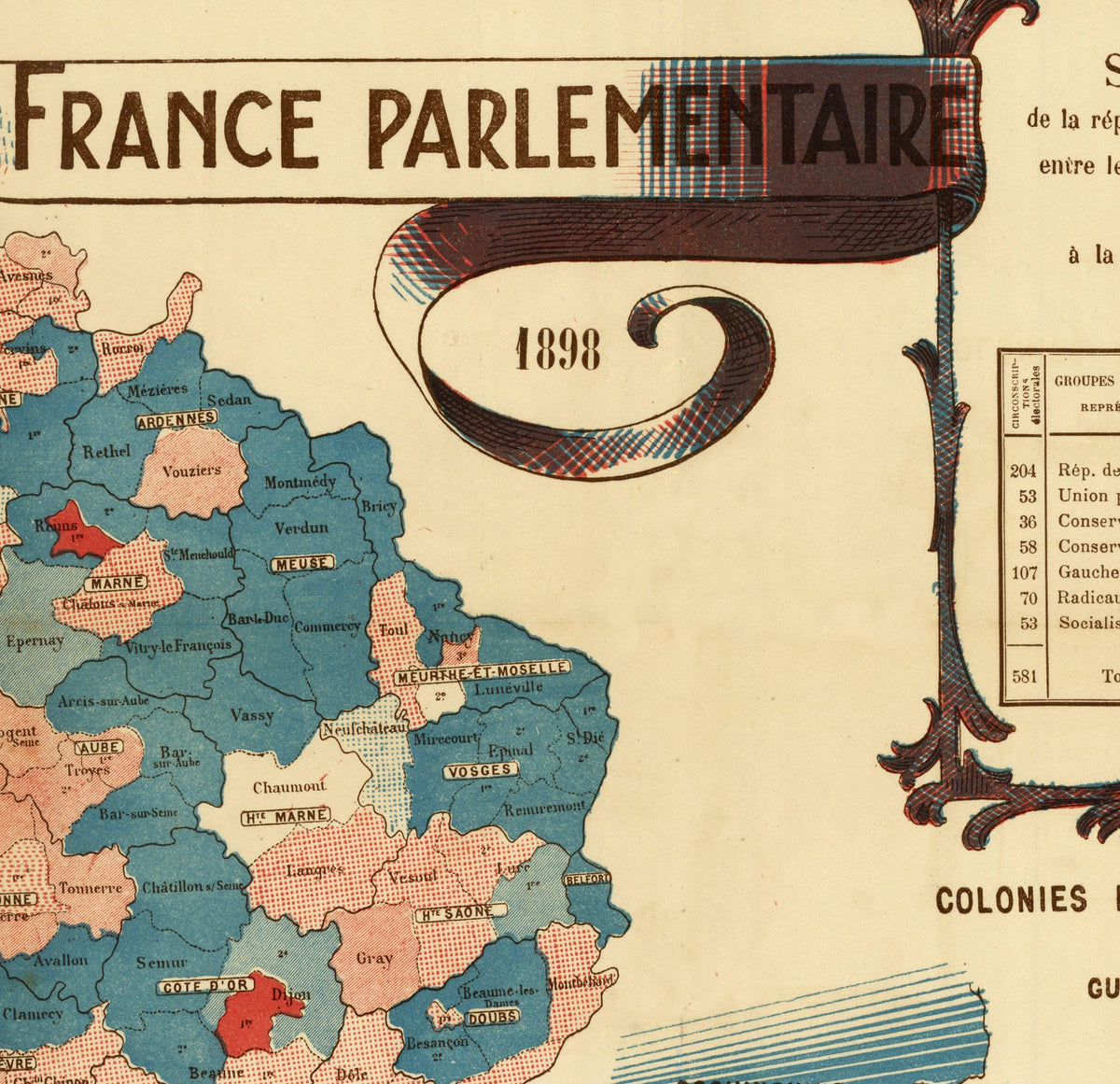 The image is a vintage map of France, showing the different regions and their populations. The map is detailed and colorful, with various colored regions and labels indicating different areas within France.