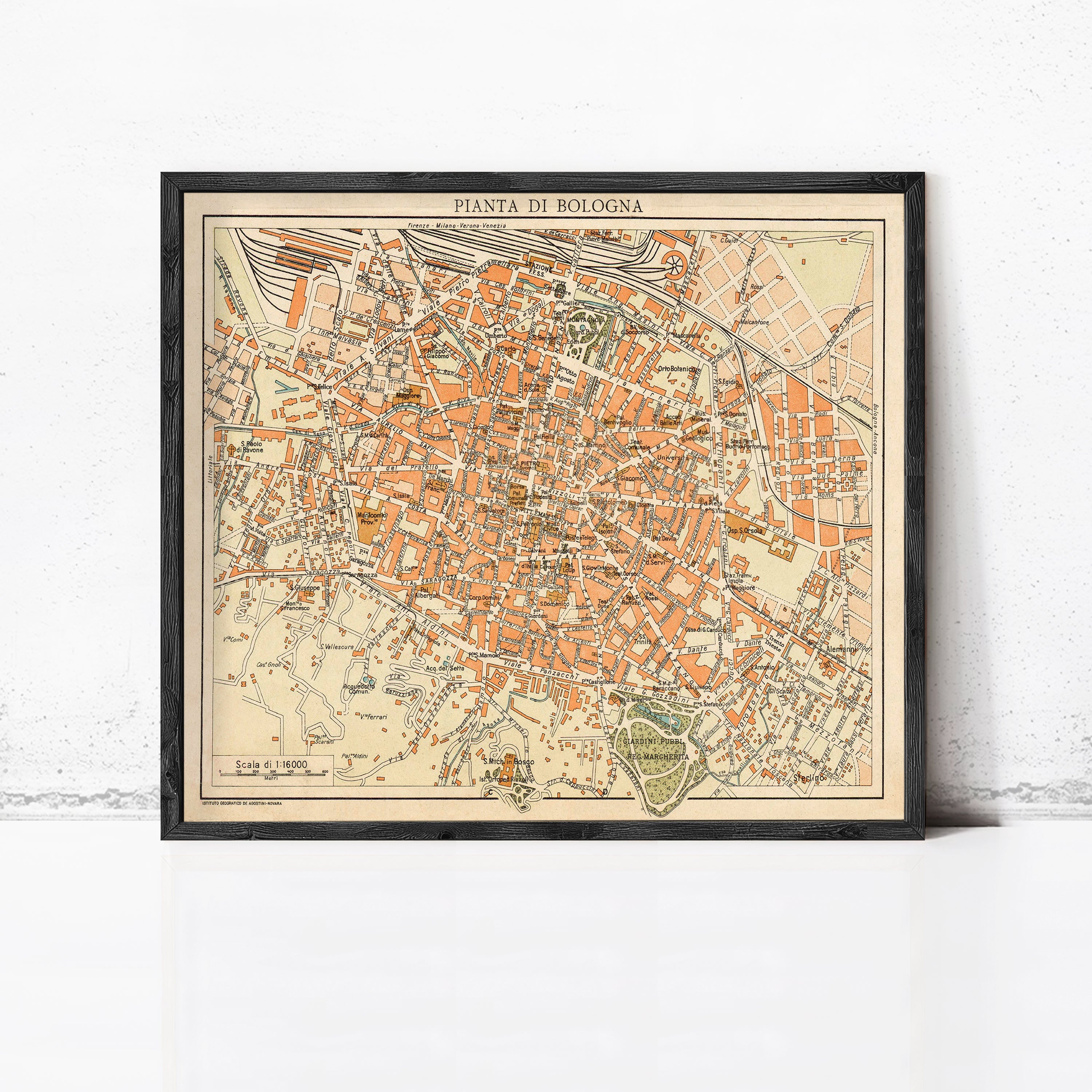 The image is a framed vintage map of the city of Bologna, Italy, depicting the streets, landmarks, and surrounding areas.