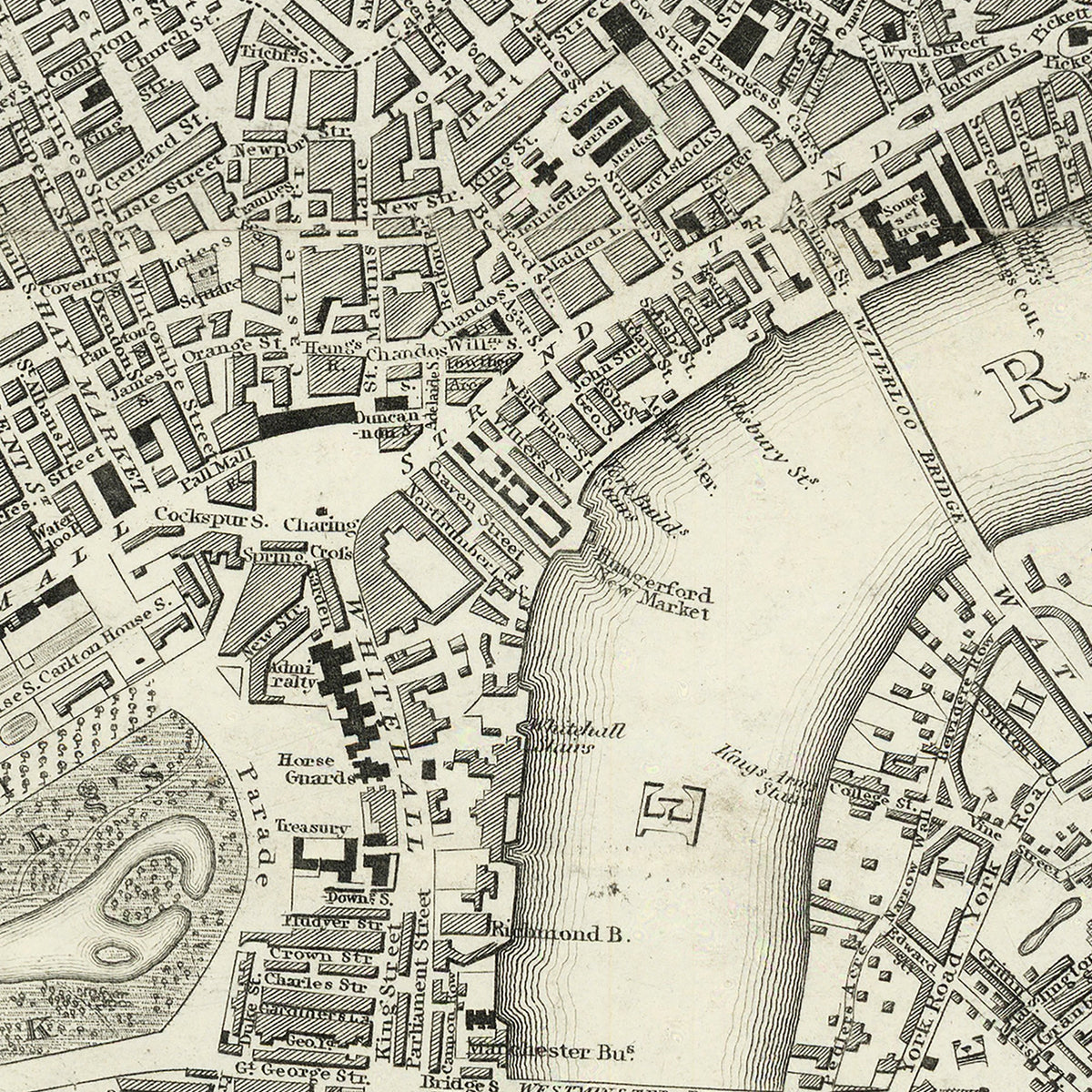 The image is a detailed black and white map of a city, showing streets, buildings, and landmarks.