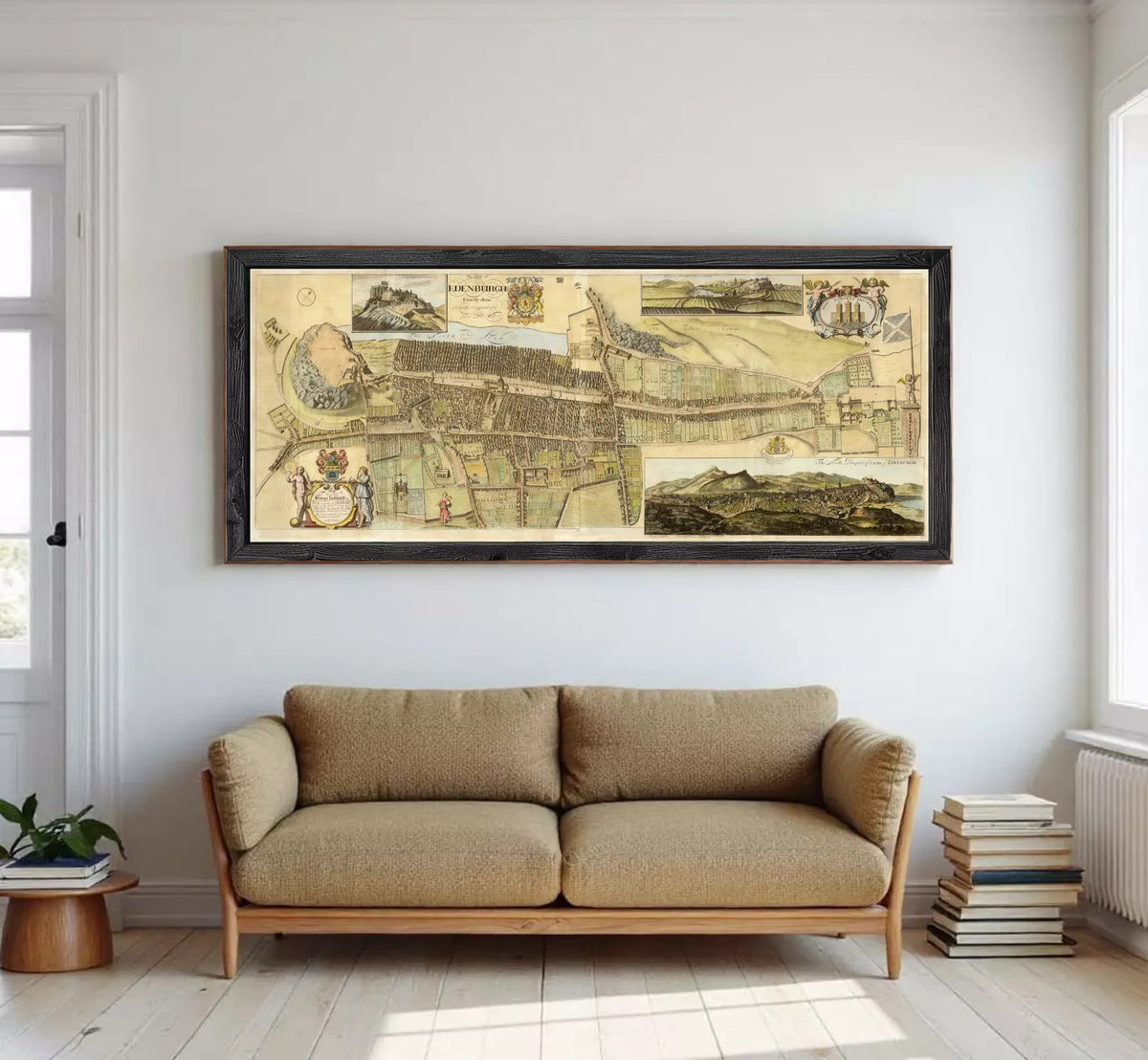 The image is a framed collage of various images, including a map, a landscape, and a historical scene, all set against a white wall.