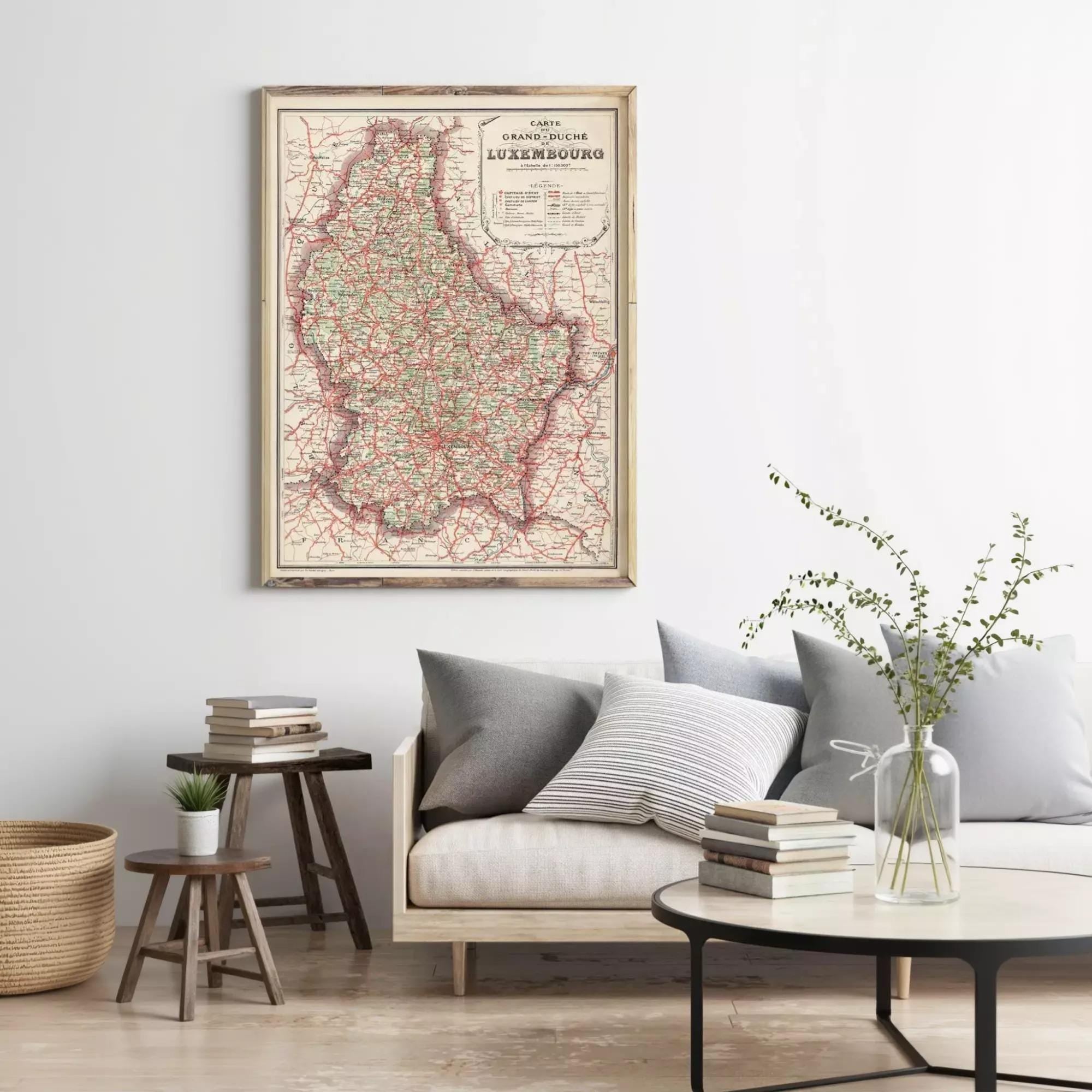 a living room with a large framed map of Luxembourg hanging on the wall above a couch with pillows. There are also some books and a vase with greenery on the couch.