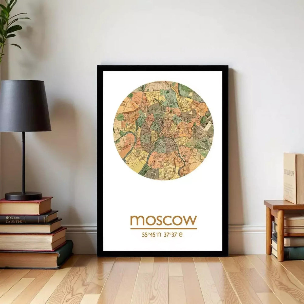 A framed map of Moscow, Russia, with the city's name and coordinates displayed.