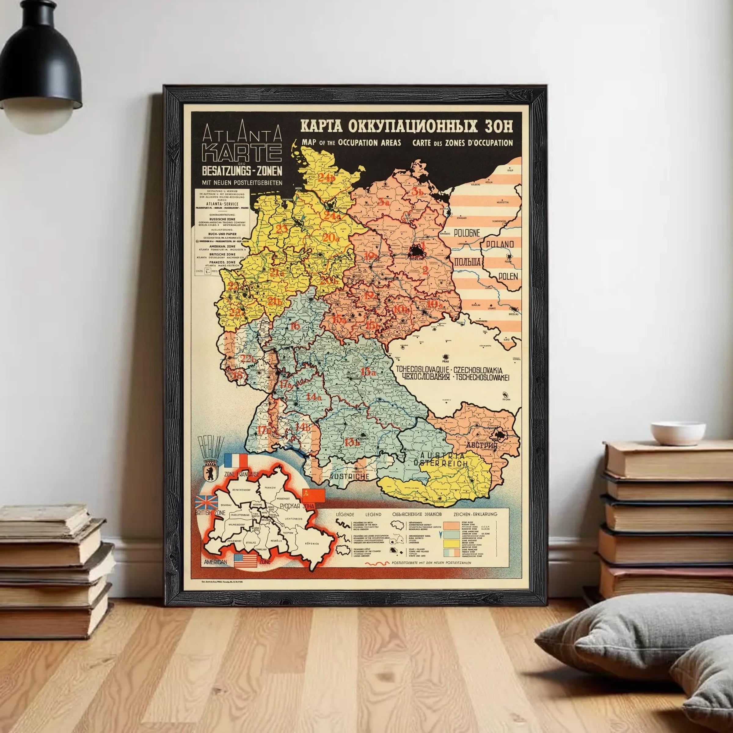 The image is a framed map of Germany, showing the different occupation areas and zones of occupation during the war.