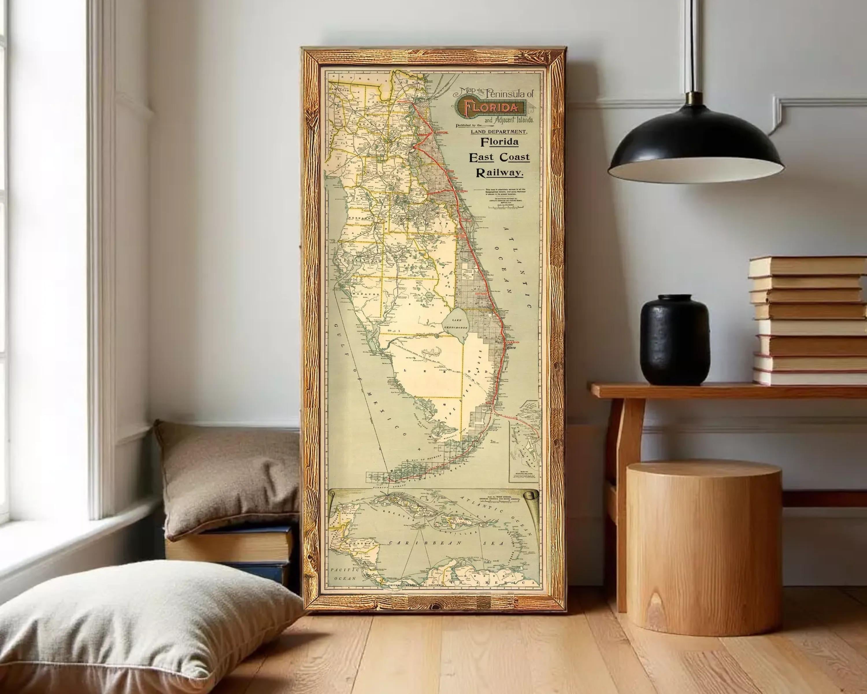The image is a framed vintage map of Florida, showing the state's land, coastline, and surrounding areas.