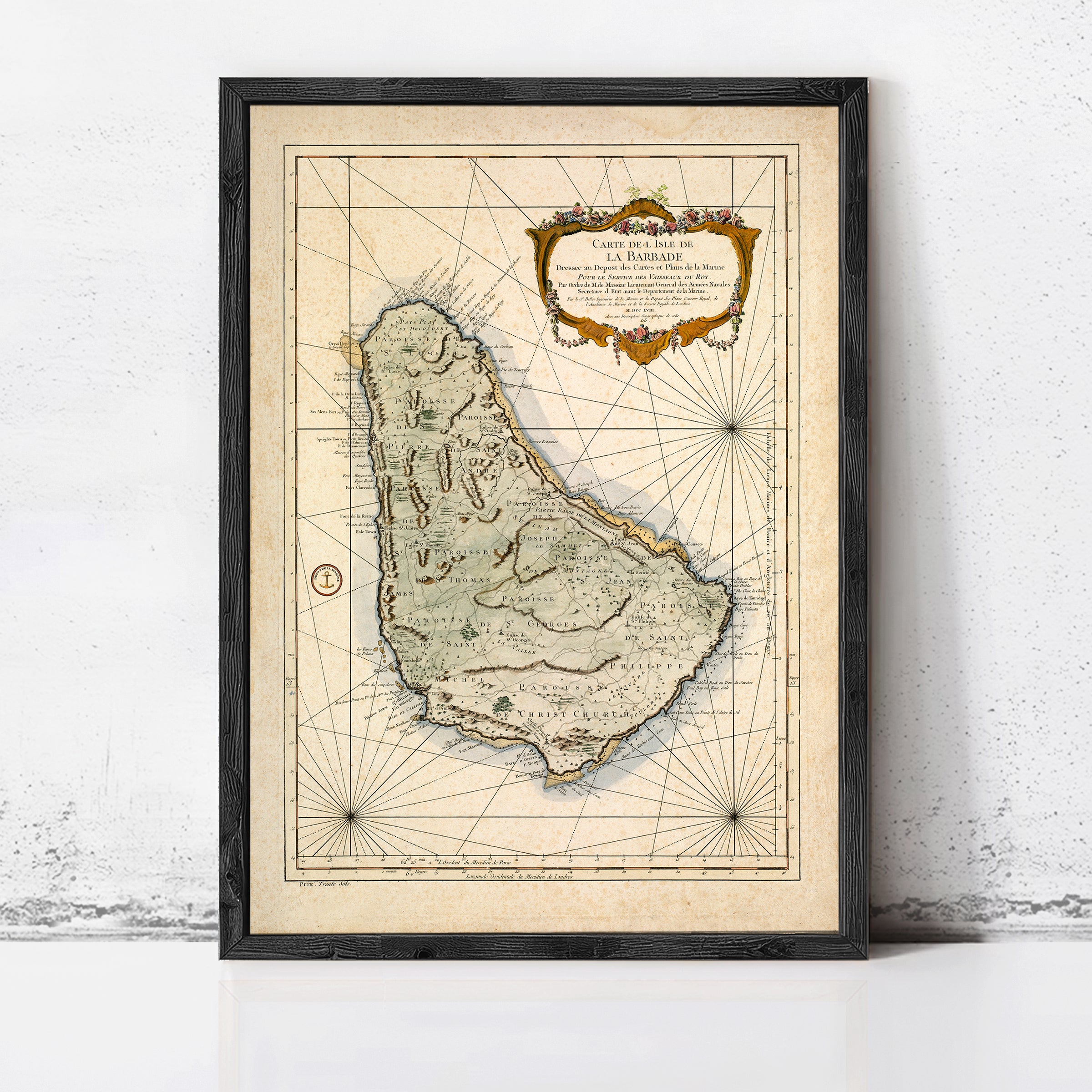 The image is a framed vintage map of the Caribbean island of Barbados, showing the island's geographical layout and surrounding areas.