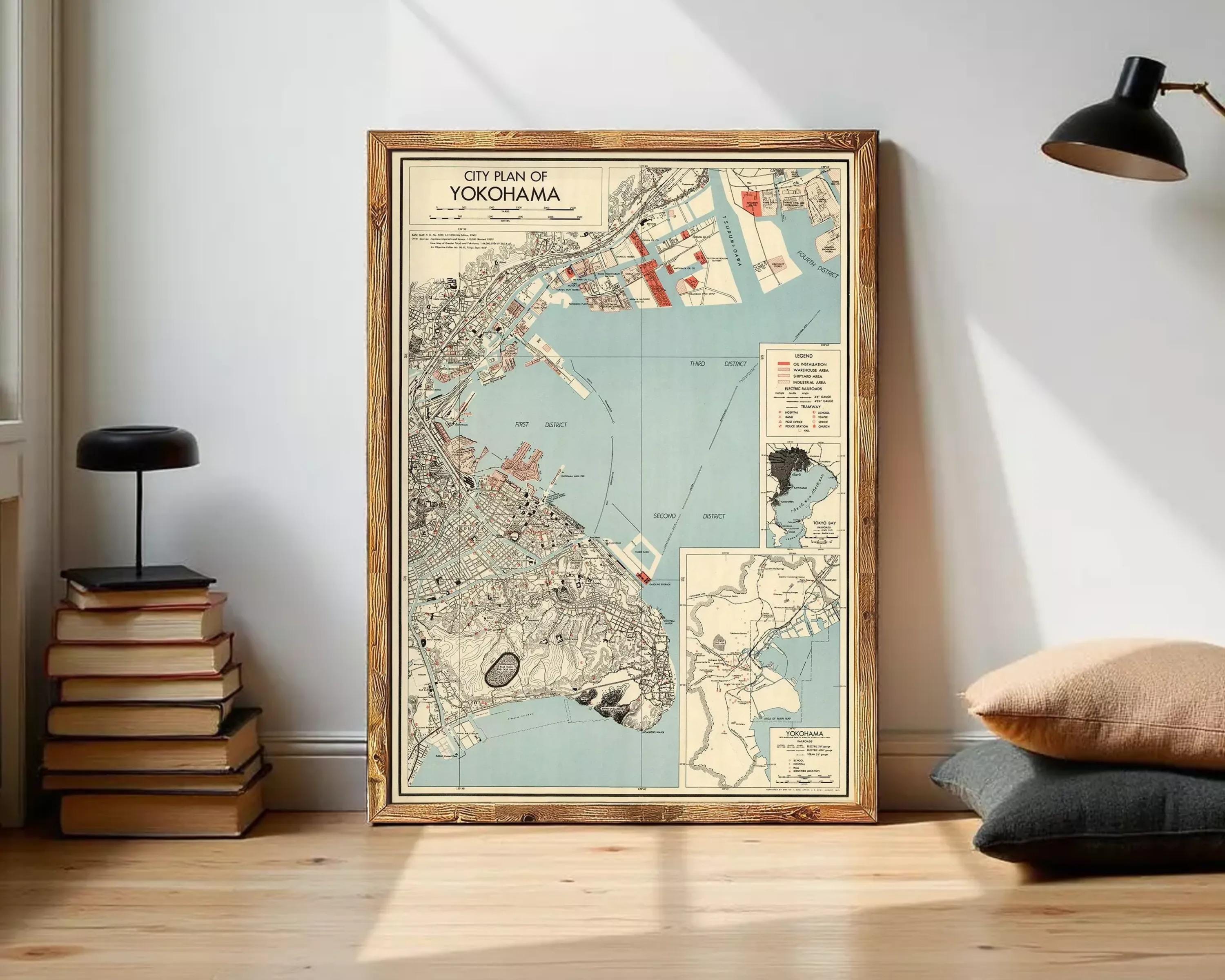 The image is a framed vintage map of the city of Yokohama, Japan, depicting the city's layout and surrounding areas.