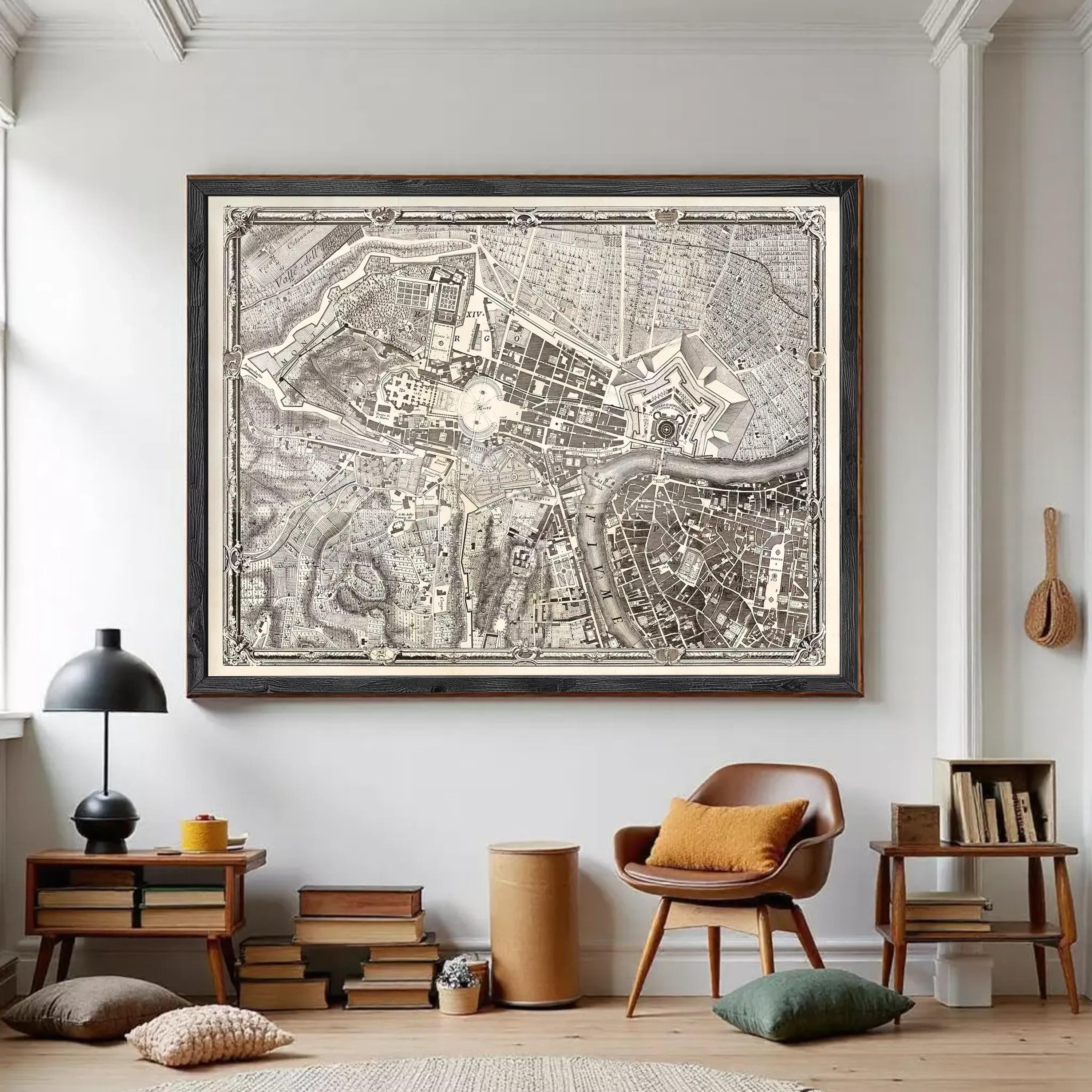 a large framed map of a city hanging on a wall in a living room.