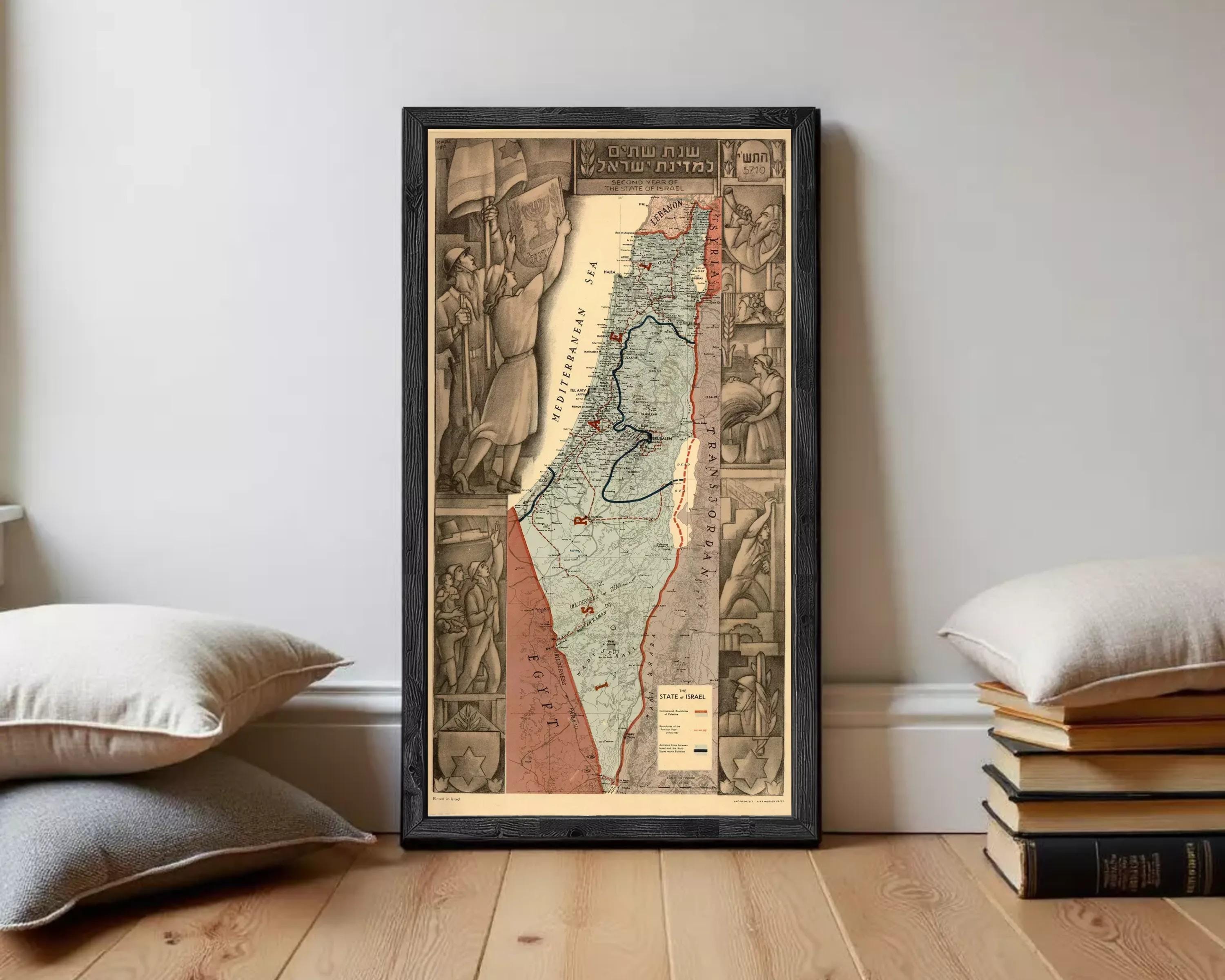 The image is a framed map of Israel, depicting the country's borders, major cities, and geographical features.