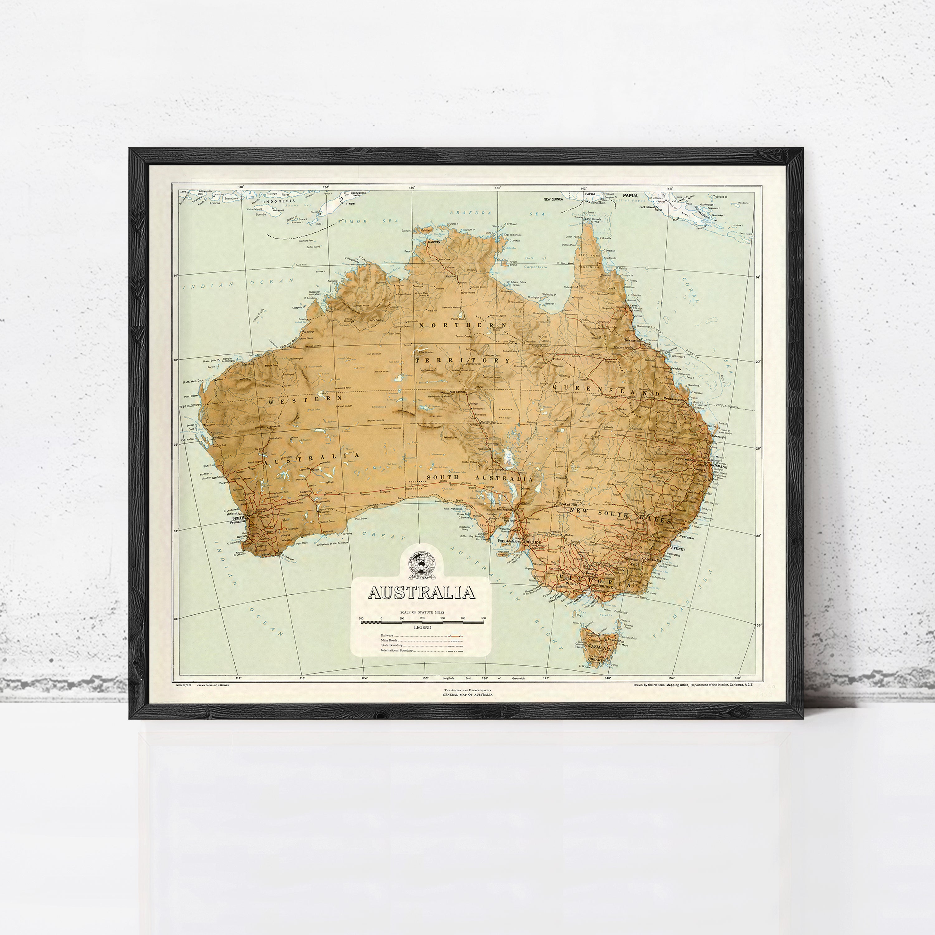 The image is a framed map of Australia, with the country's borders clearly visible and labeled.