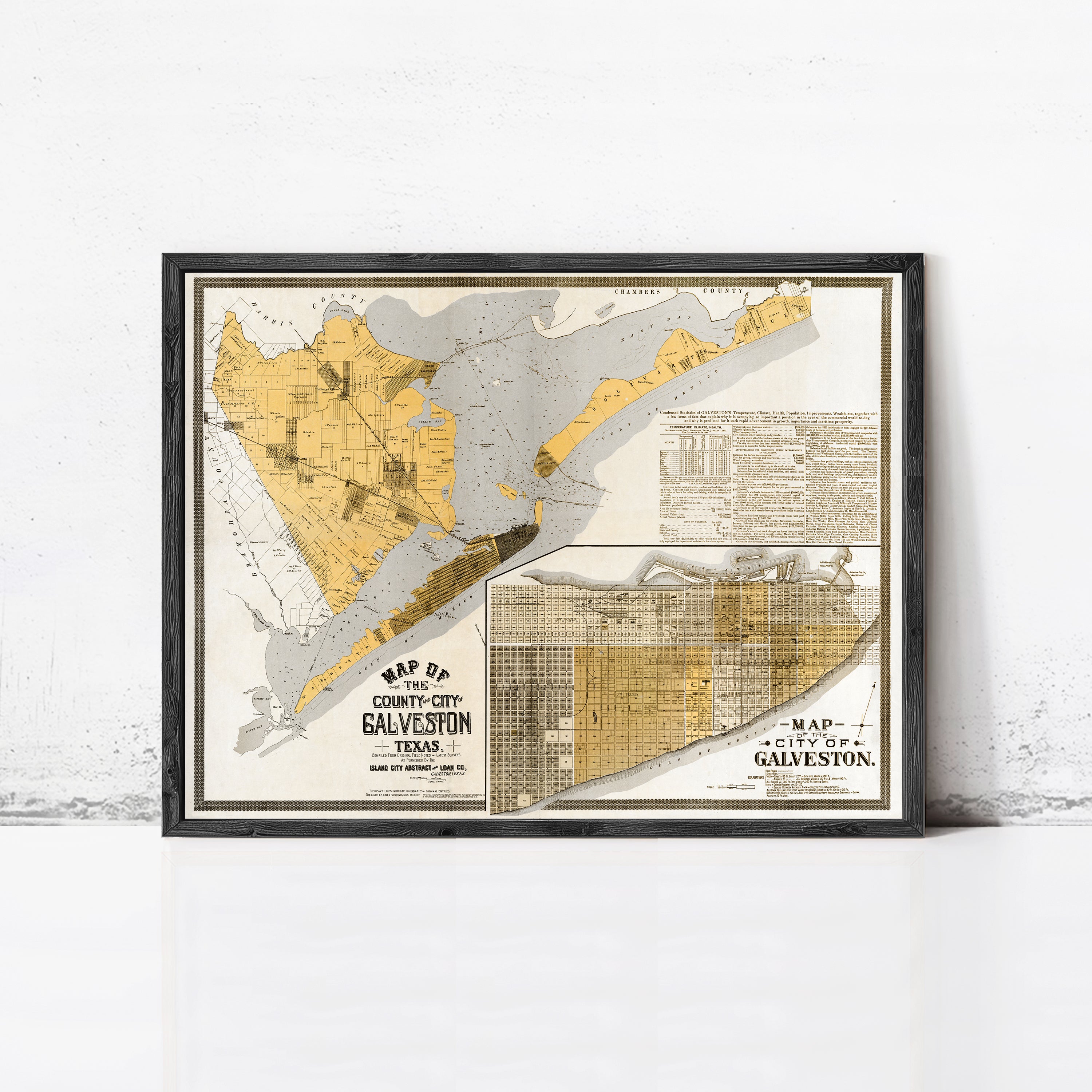 The image is a framed vintage map of Galveston, Texas, depicting the city's layout and surrounding areas.